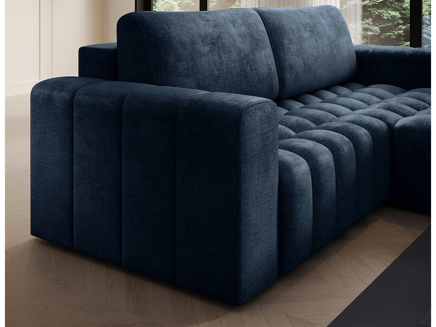 Bozen gecapitonneerde fluwelen hoekbank – Converteerbaar en opbergruimte-Kleur Donkerblauw-juiste hoek