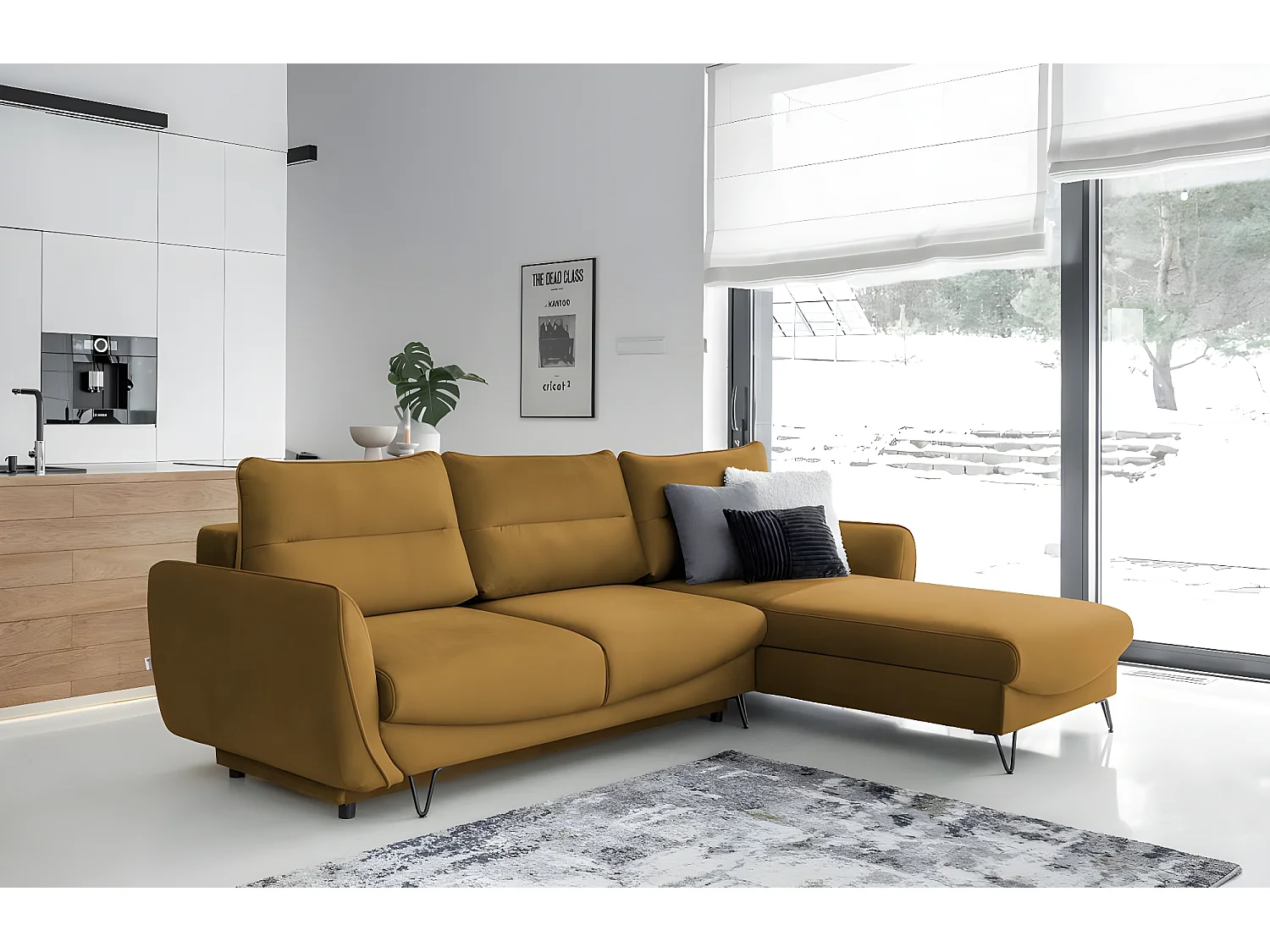 Converteerbare hoekbank rechts in zachtgele stof Zurik 276 cm