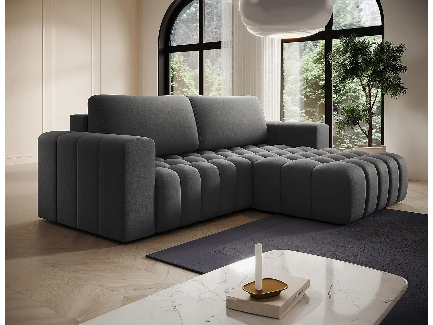 Canapé d’angle velours capitonné BOZEN – Convertible et rangement-Gris foncé-angle droit