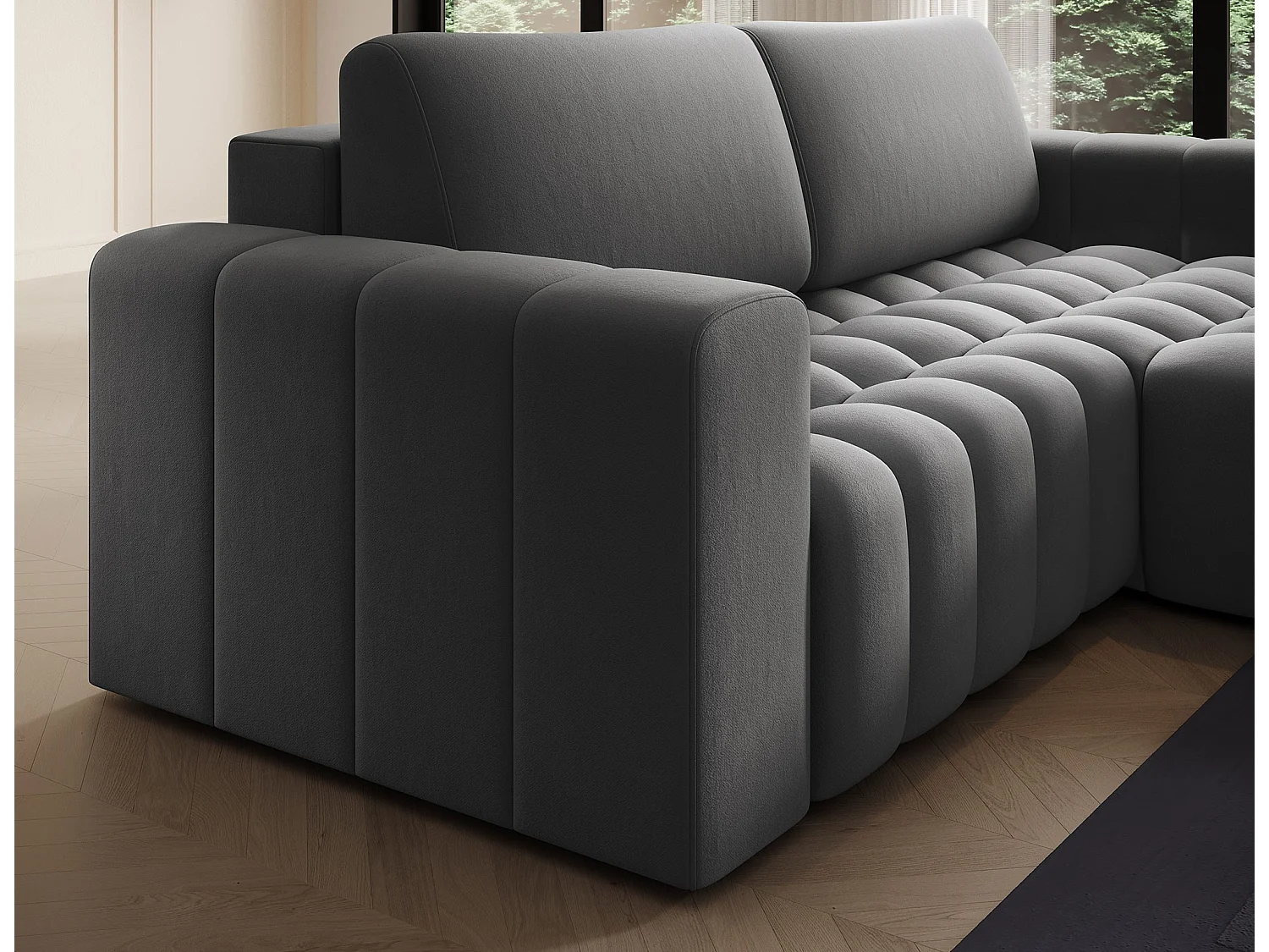 Canapé d’angle velours capitonné BOZEN – Convertible et rangement-Gris foncé-angle droit