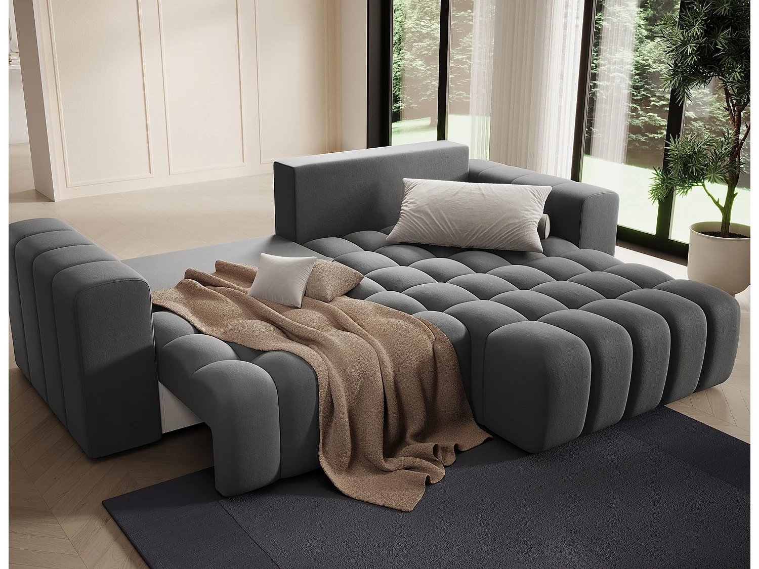 Canapé d’angle velours capitonné BOZEN – Convertible et rangement-Gris foncé-angle droit