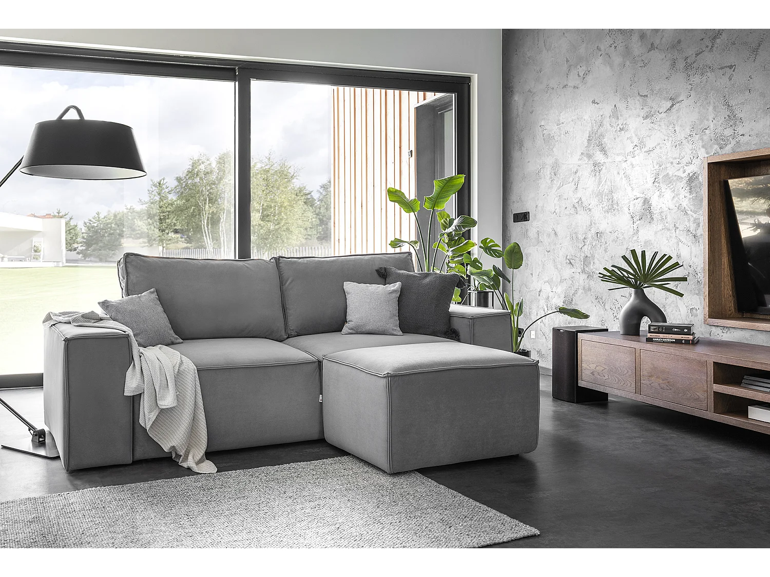 Gran sofá convertible de terciopelo WILACE - Comodidad moderna y elegante-Color Azul