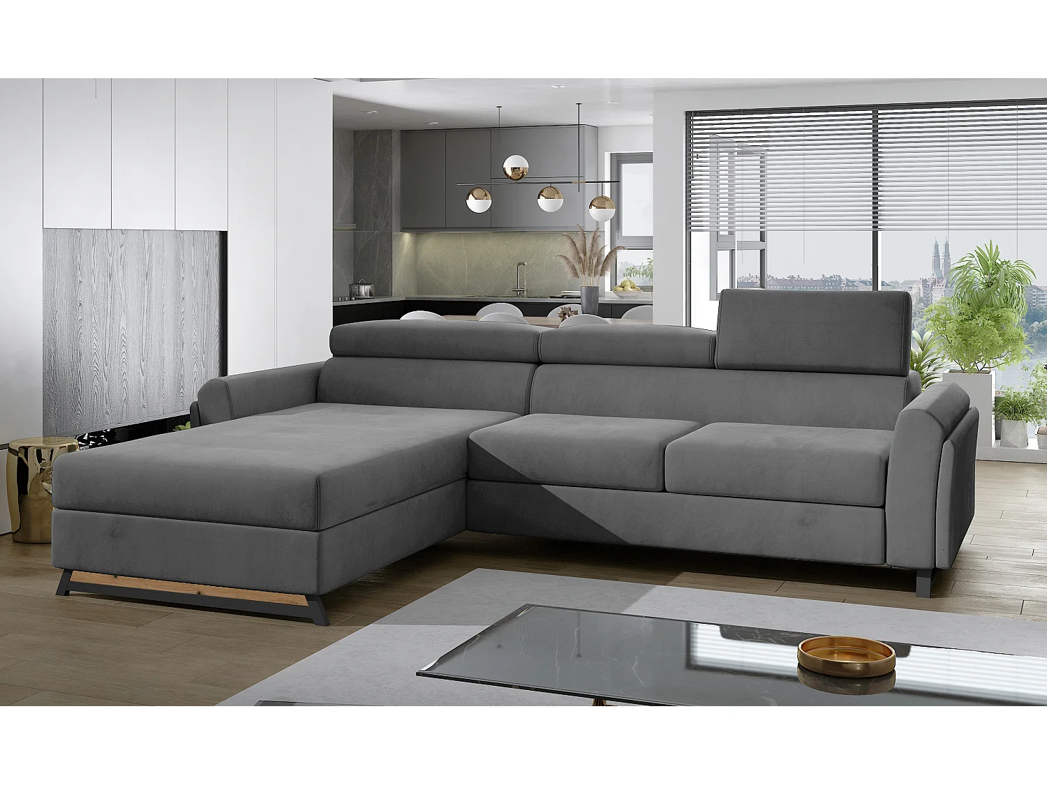 Converteerbare hoekbank links in antraciet fluweel met verstelbare hoofdsteunen Mazerali 300 cm