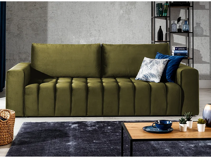 Canapé convertible 3 places tissu doux vert olive avec coffre de rangement Larko 245cm