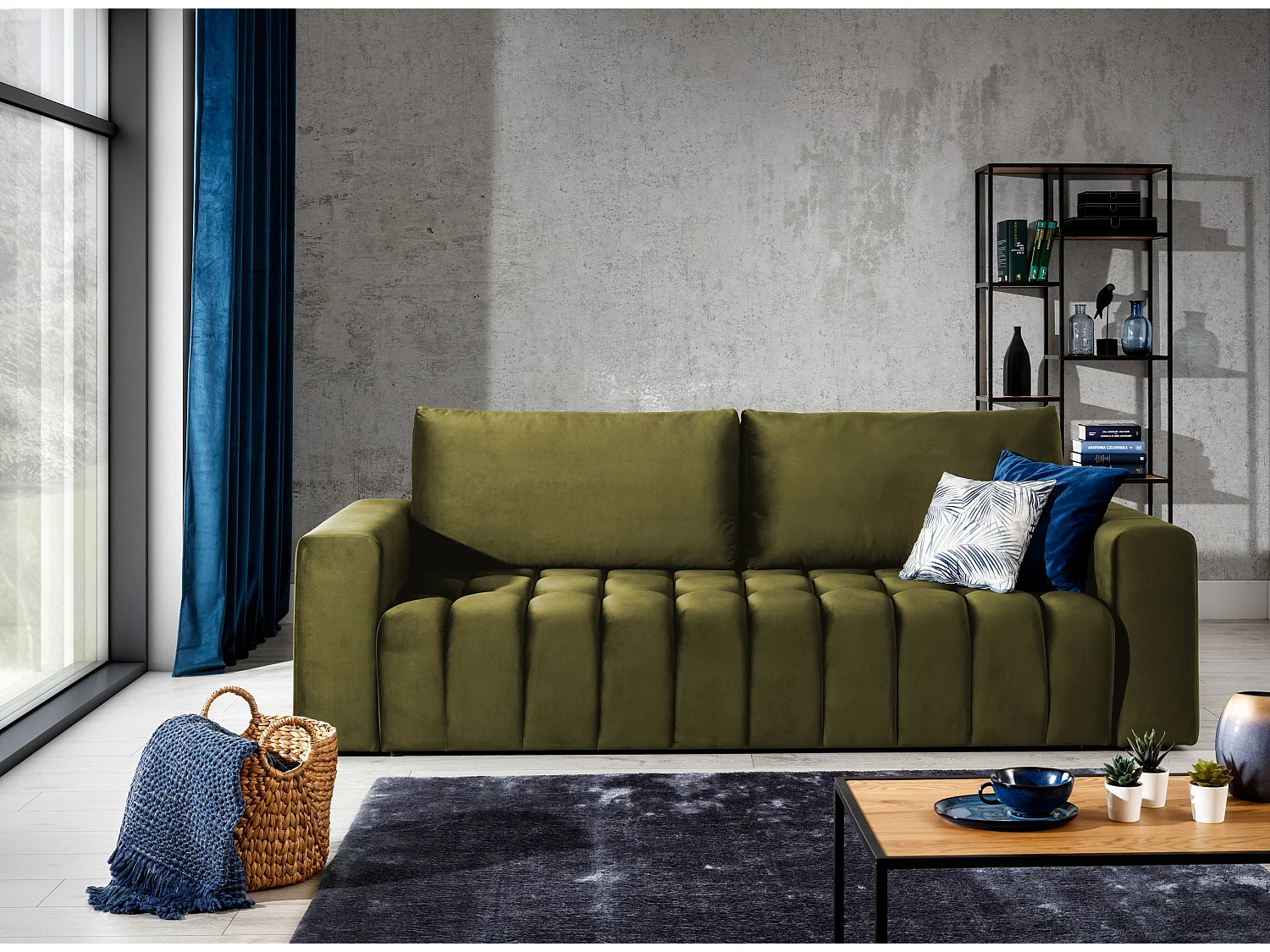 Canapé convertible 3 places tissu doux vert olive avec coffre de rangement Larko 245cm