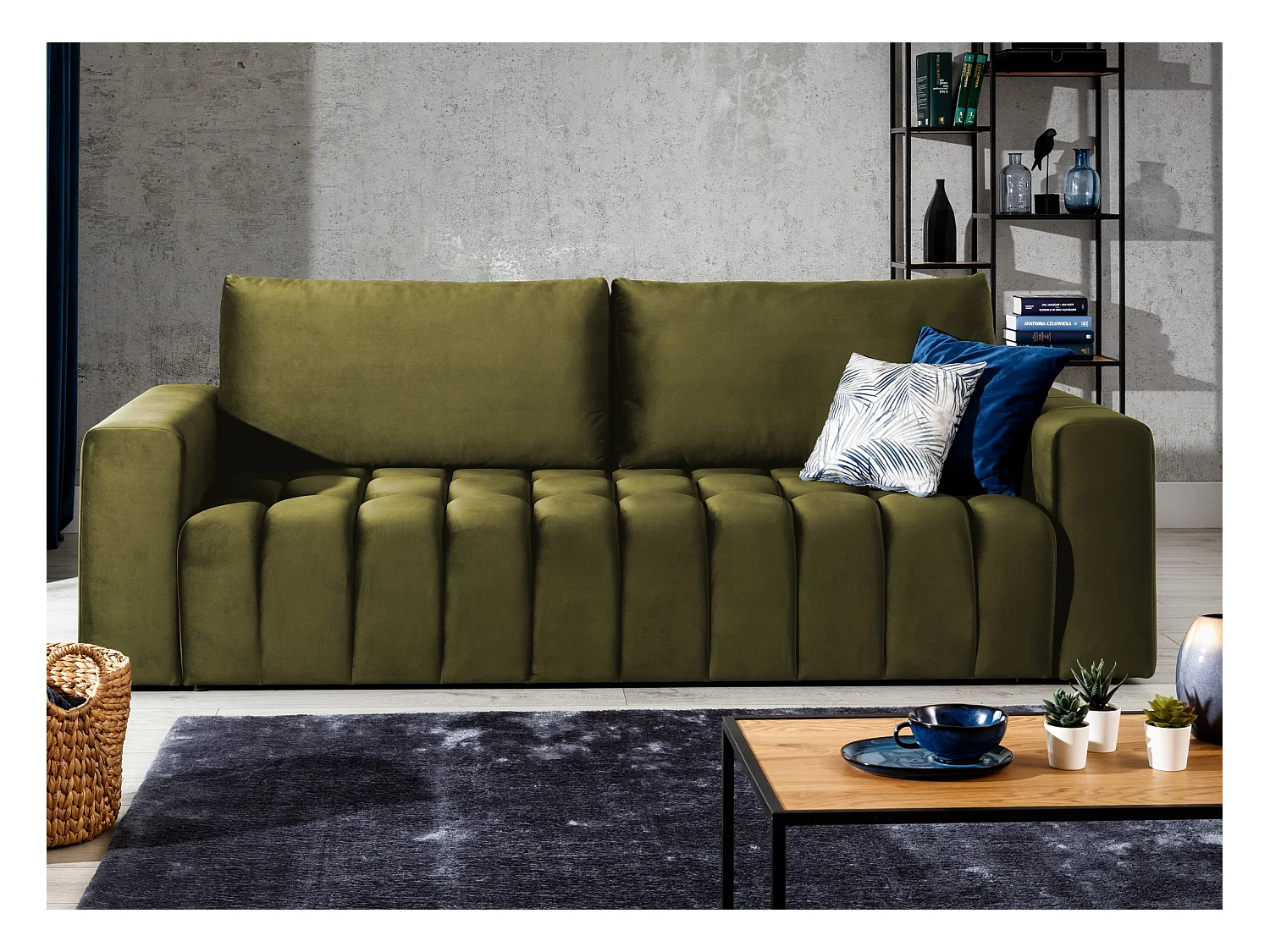 Canapé convertible 3 places tissu doux vert olive avec coffre de rangement Larko 245cm
