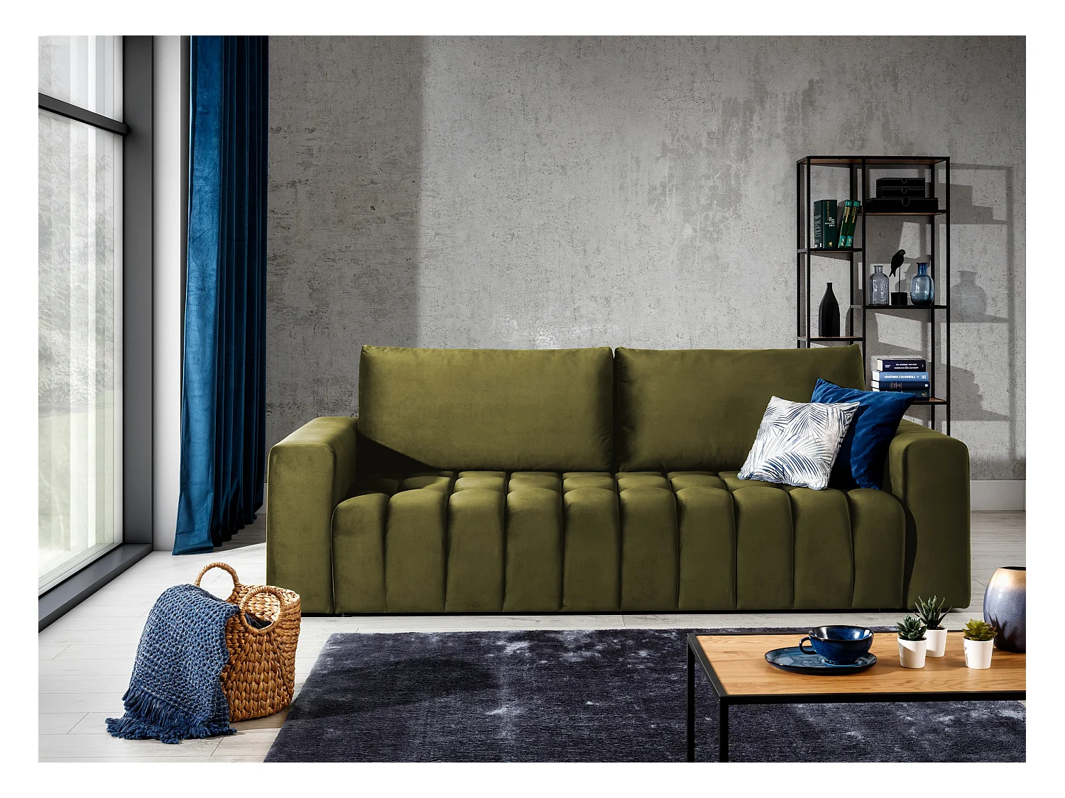 Canapé convertible 3 places tissu doux vert olive avec coffre de rangement Larko 245cm