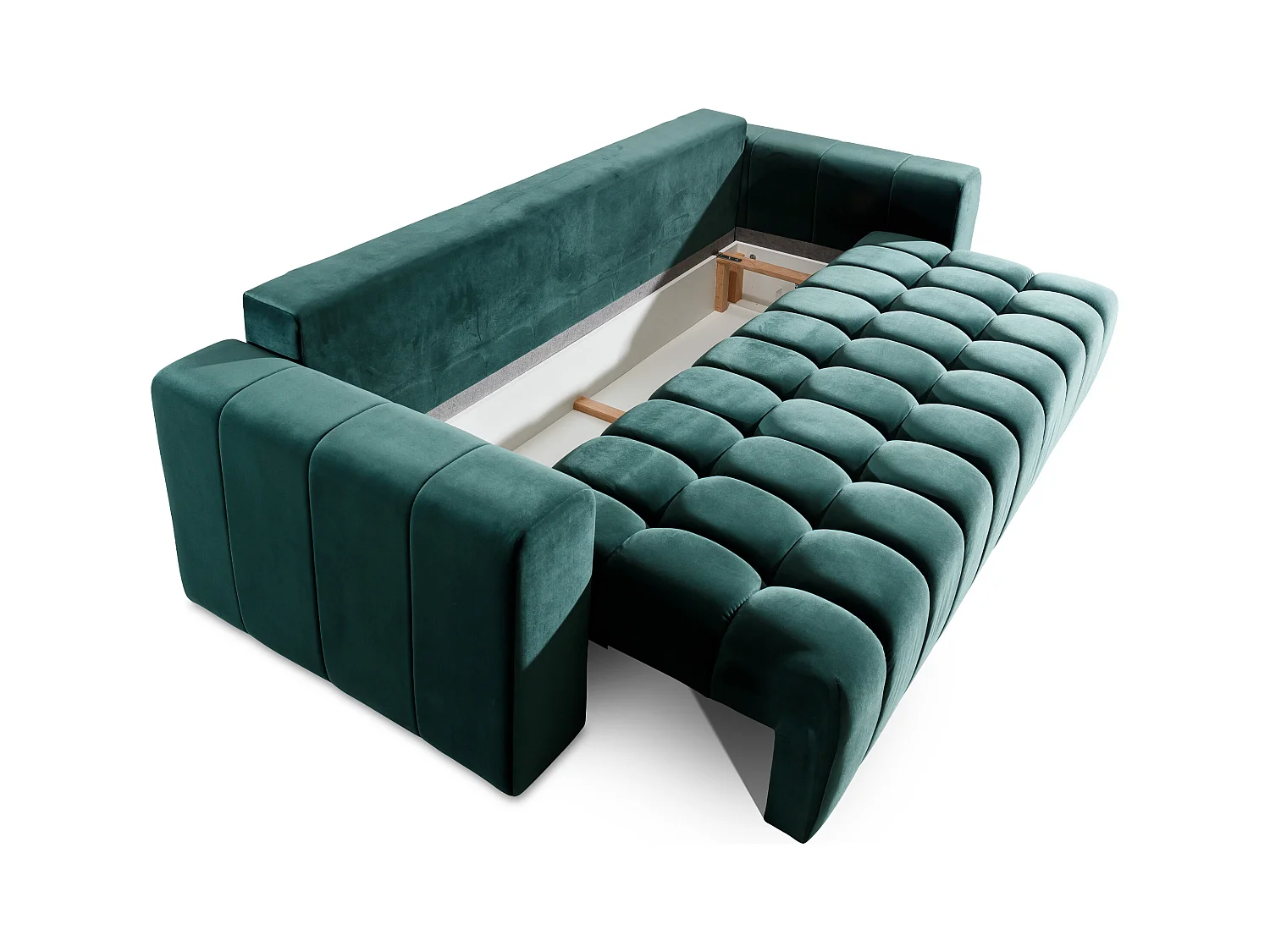 Canapé convertible 3 places tissu doux vert olive avec coffre de rangement Larko 245cm