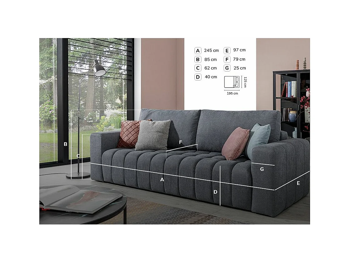 Canapé convertible 3 places tissu doux vert olive avec coffre de rangement Larko 245cm