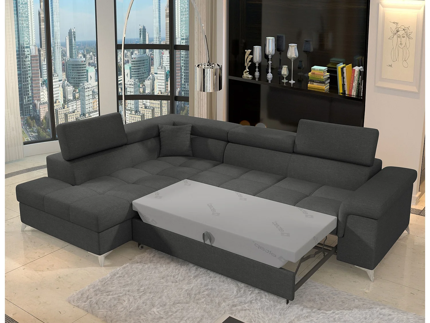 Canapé d'angle convertible tissu MARIDO - Coffre et appuis-tête réglables-Gris-angle gauche