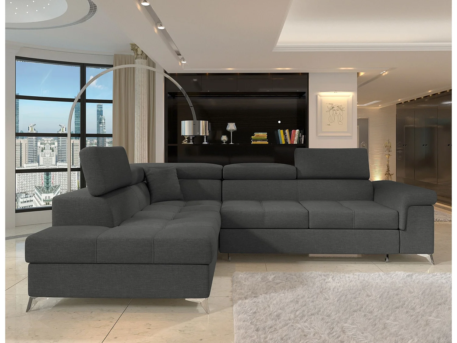 Canapé d'angle convertible tissu MARIDO - Coffre et appuis-tête réglables-Gris-angle gauche