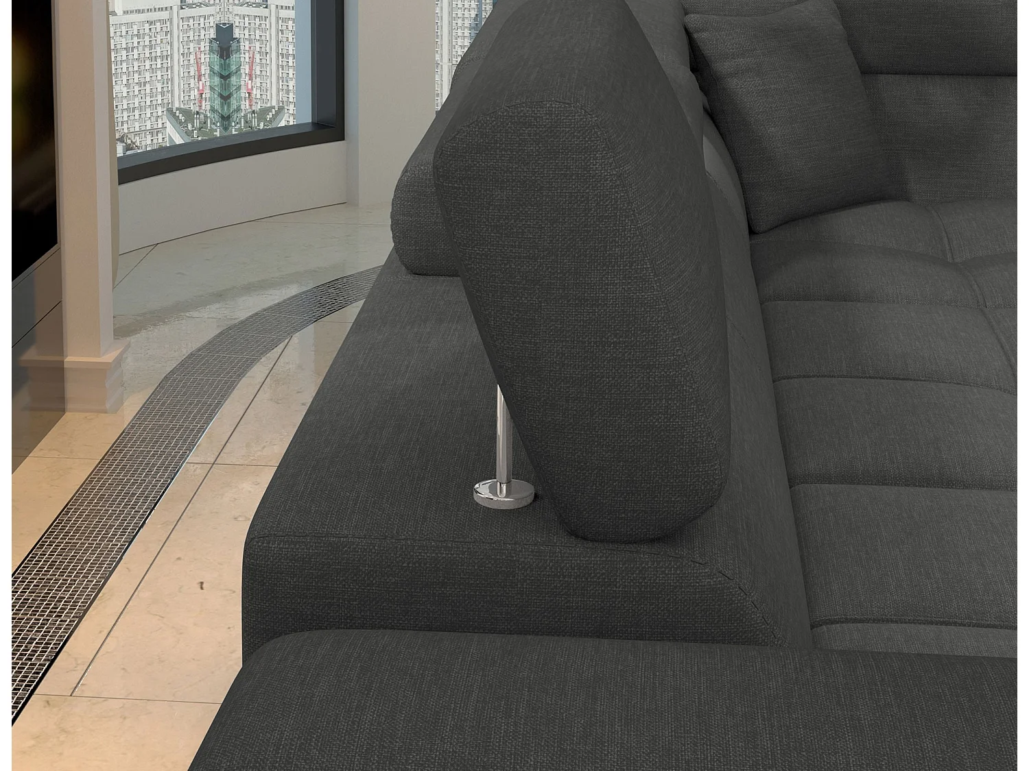 Canapé d'angle convertible tissu MARIDO - Coffre et appuis-tête réglables-Gris-angle gauche