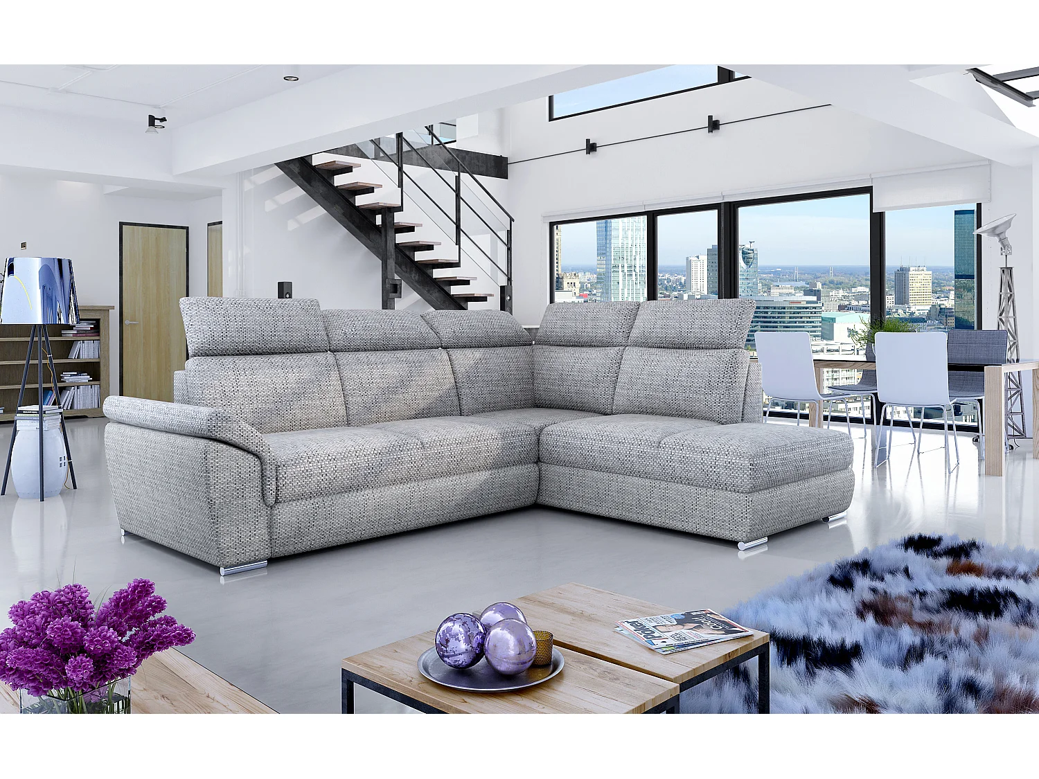 Canapé angle droit convertible tissu gris clair chiné avec appuis-tête réglables Kepita 260cm