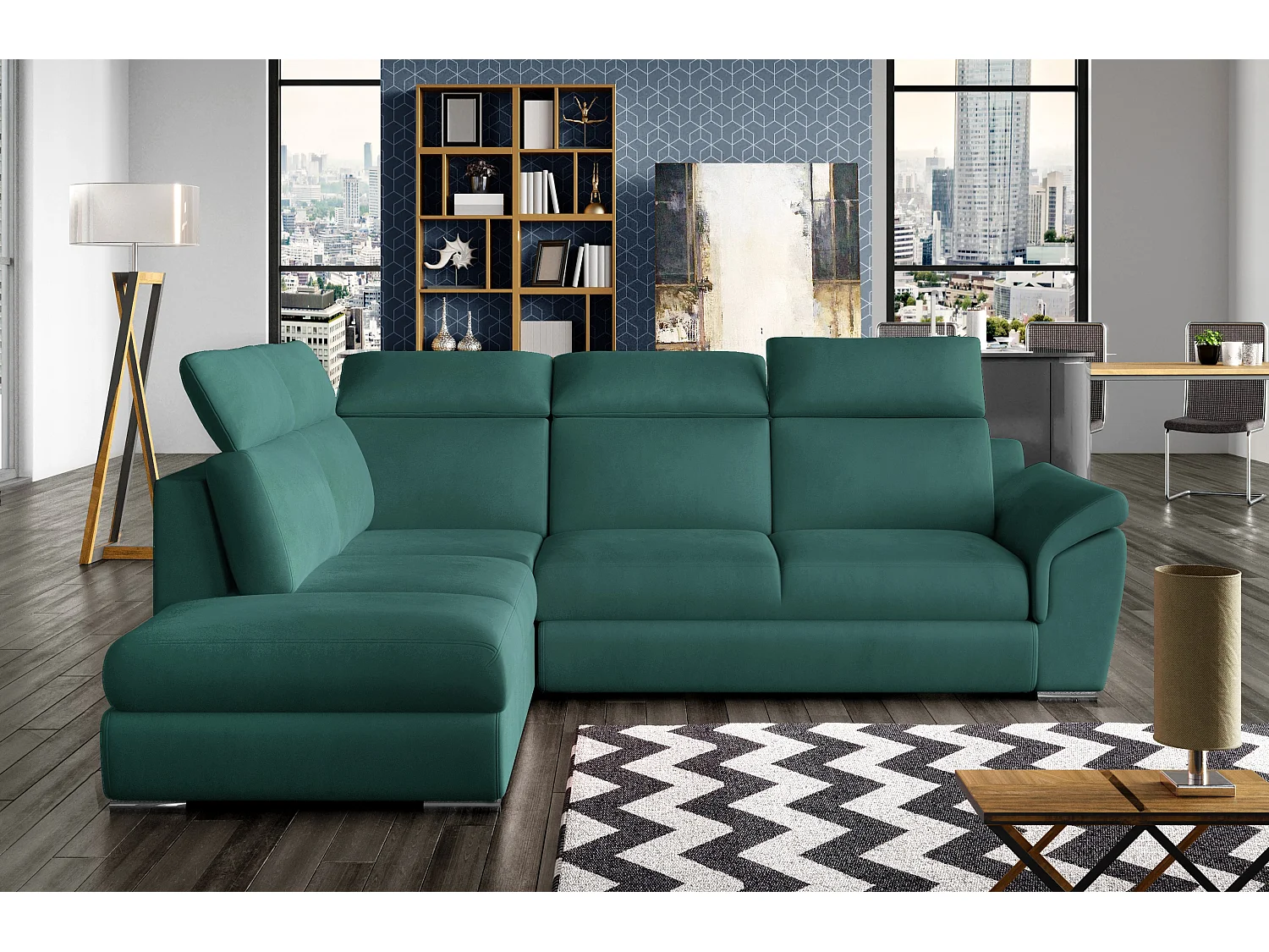 Canapé angle gauche convertible velours bleu canard avec appuis-tête réglables Kepita 260cm