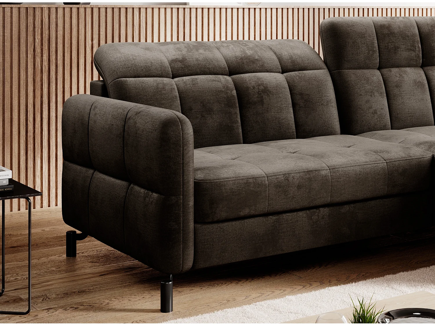 Chocolade gewatteerde fluwelen slaapbank haaks Lory 225 cm