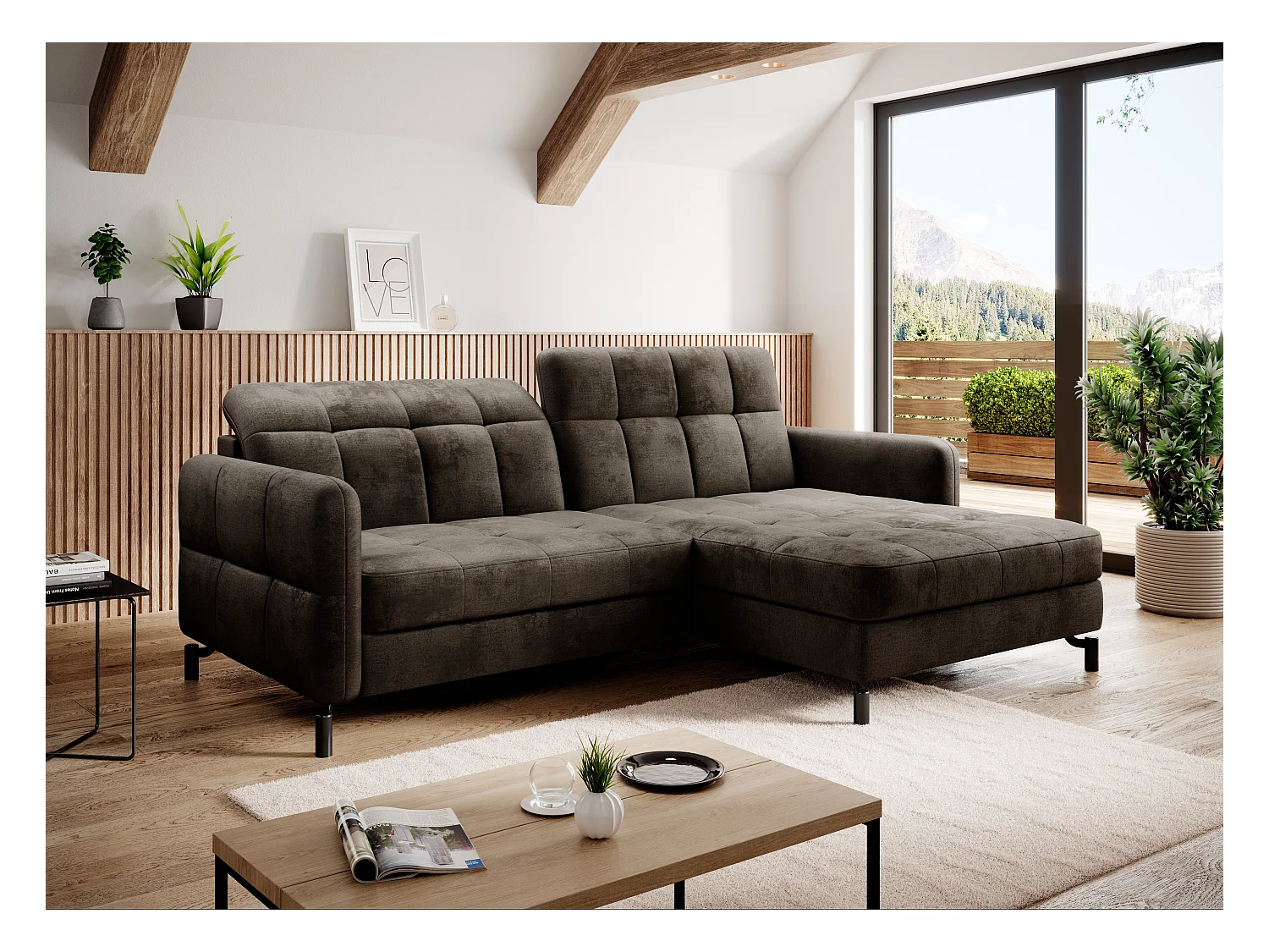 Canapé convertible velours matelassé chocolat angle droit Lory 225cm
