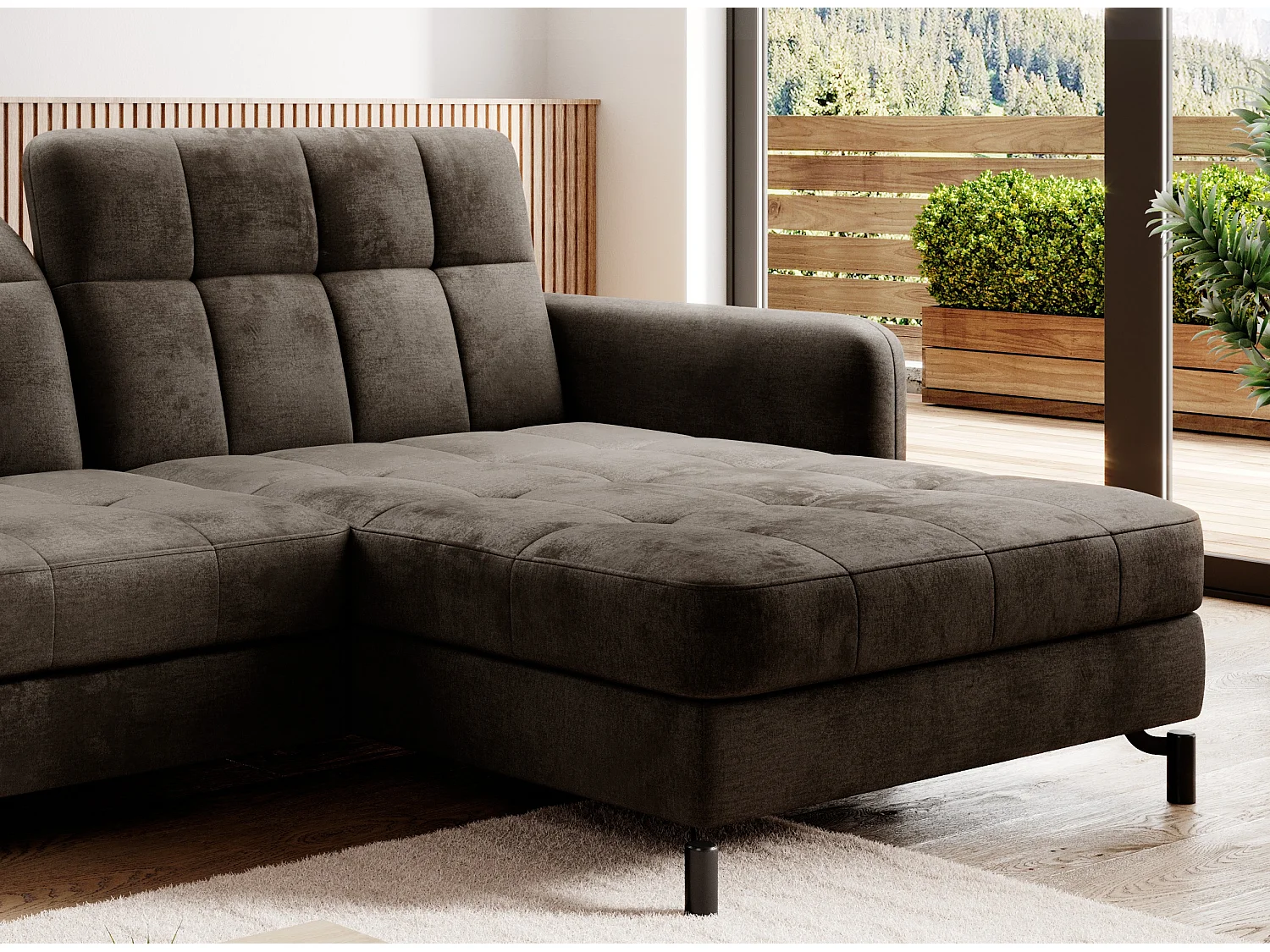 Chocolade gewatteerde fluwelen slaapbank haaks Lory 225 cm