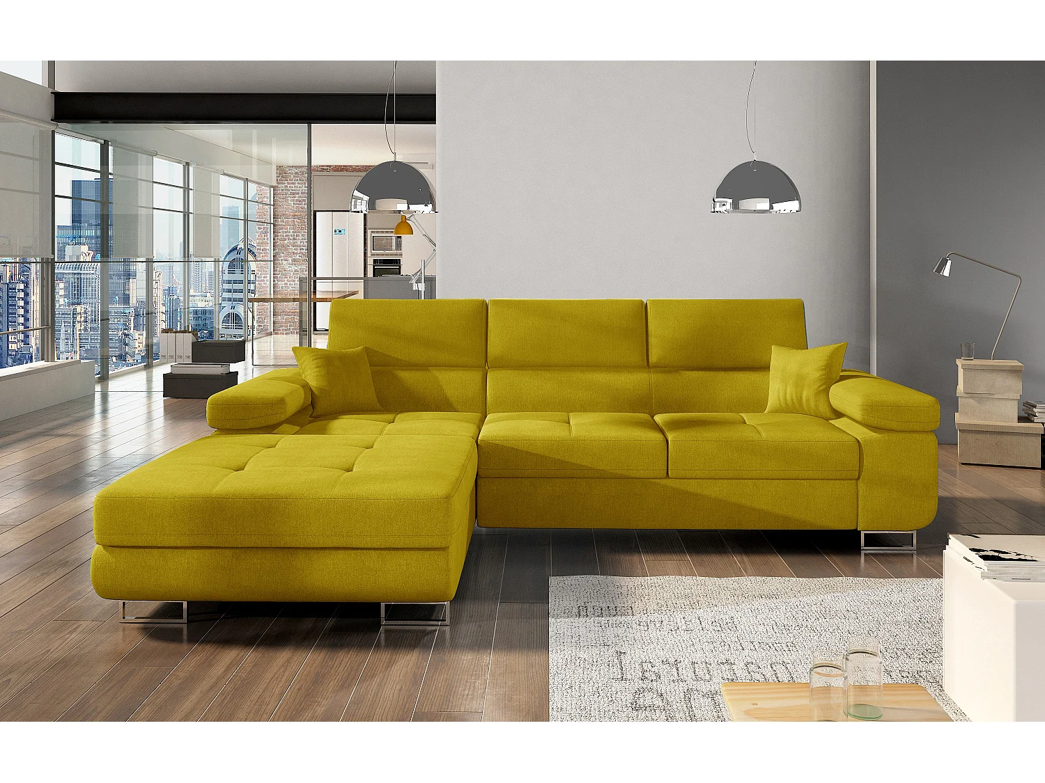 Canapé convertible d'angle gauche tissu jaune avec rangement Wile 280cm