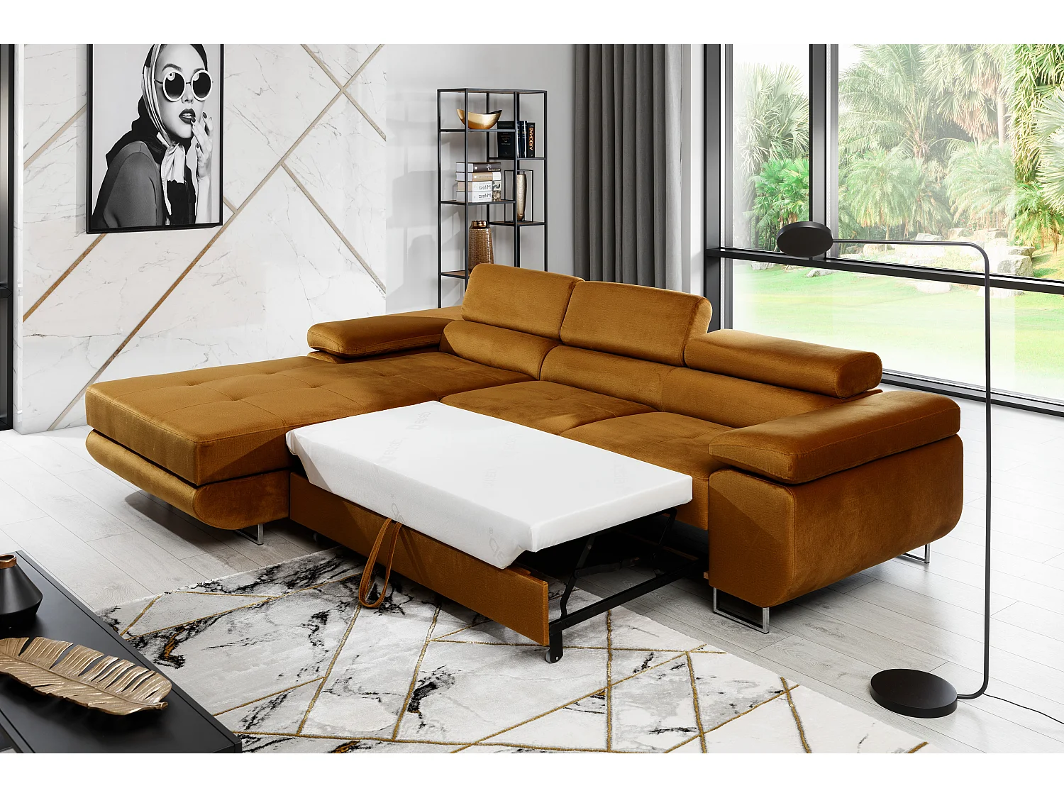 Canapé convertible d'angle gauche tissu jaune avec rangement Wile 280cm