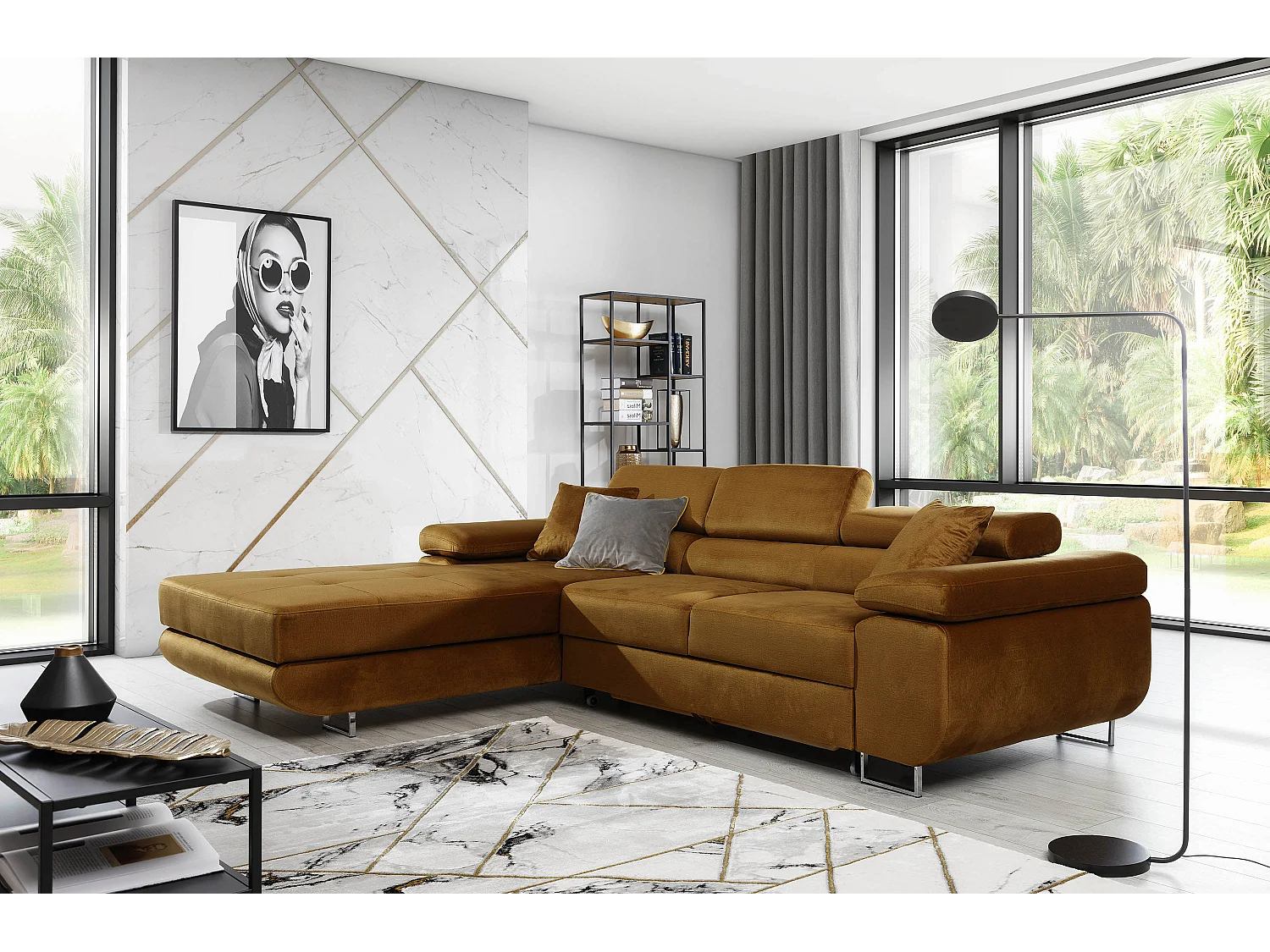 Canapé convertible d'angle gauche tissu jaune avec rangement Wile 280cm