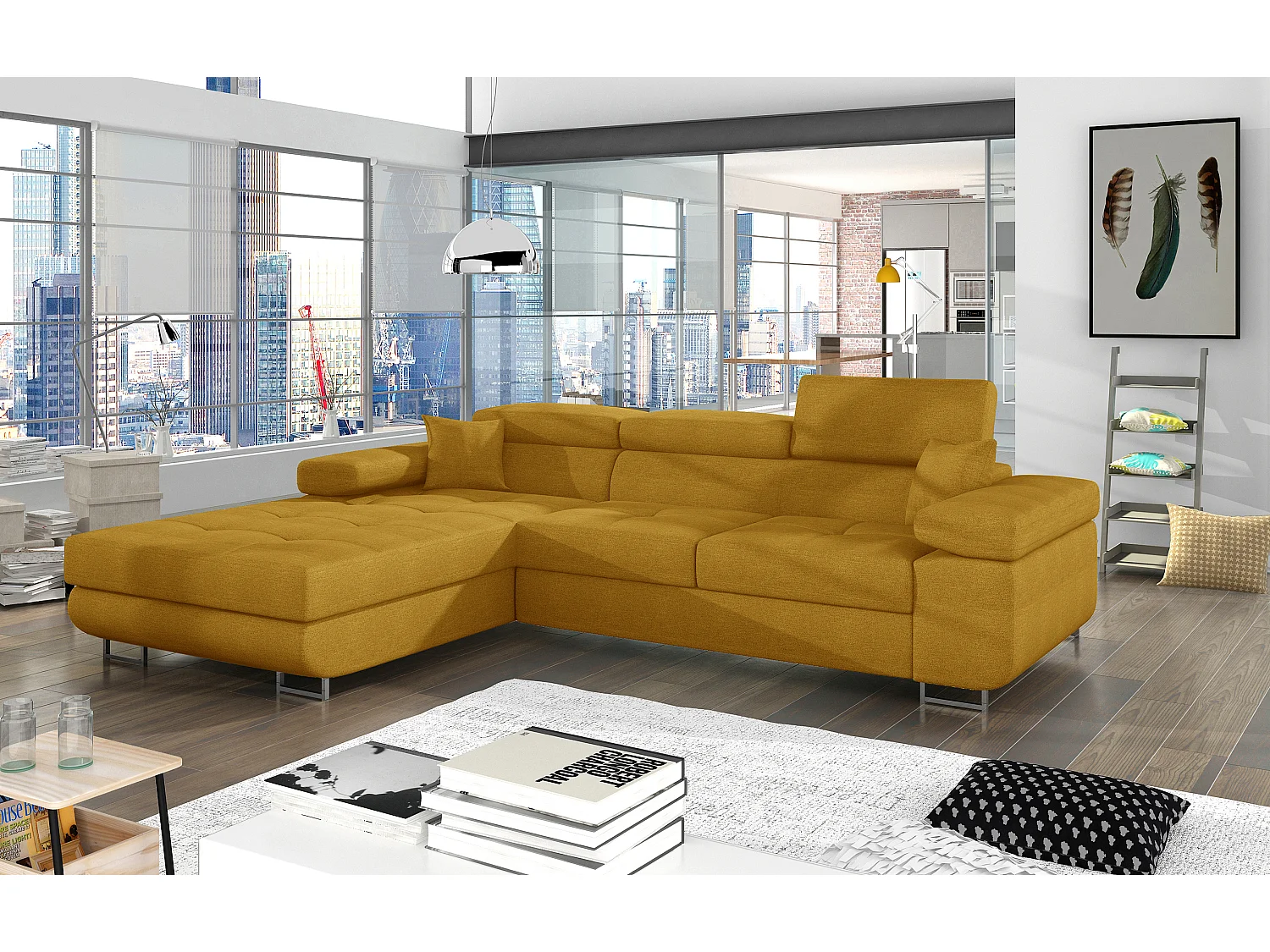 Canapé d'angle convertible tissu appuis-tête réglables KALIZO - Coffre et pieds acier chromé-Jaune chamoix-angle gauche