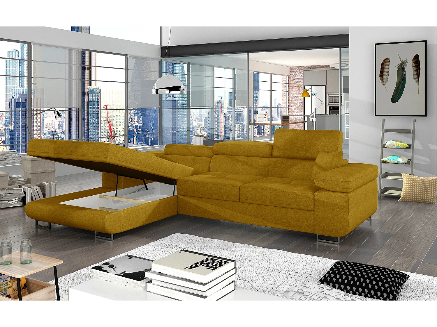 Canapé d'angle convertible tissu appuis-tête réglables KALIZO - Coffre et pieds acier chromé-Jaune chamoix-angle gauche