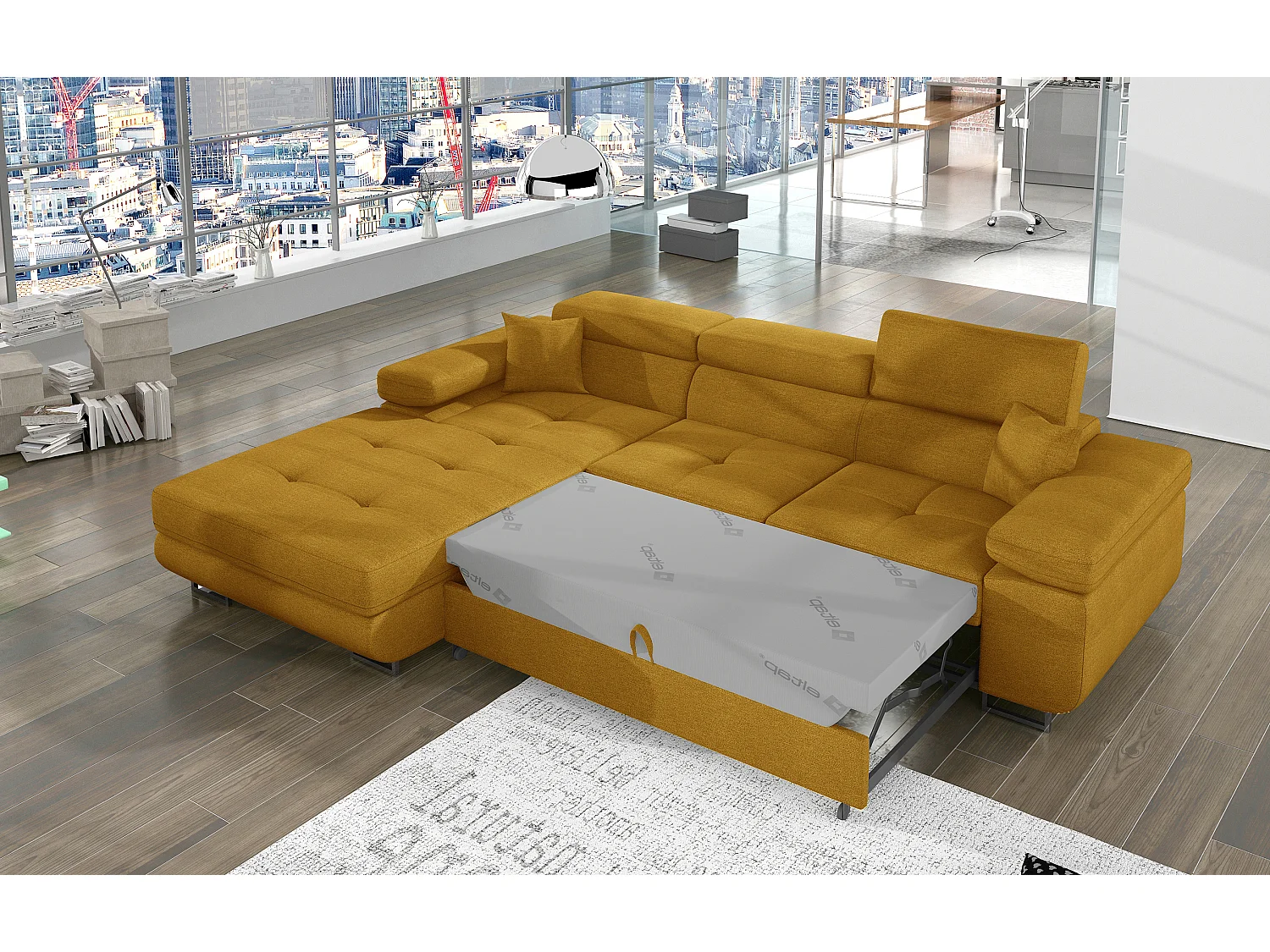 Canapé d'angle convertible tissu appuis-tête réglables KALIZO - Coffre et pieds acier chromé-Jaune chamoix-angle gauche