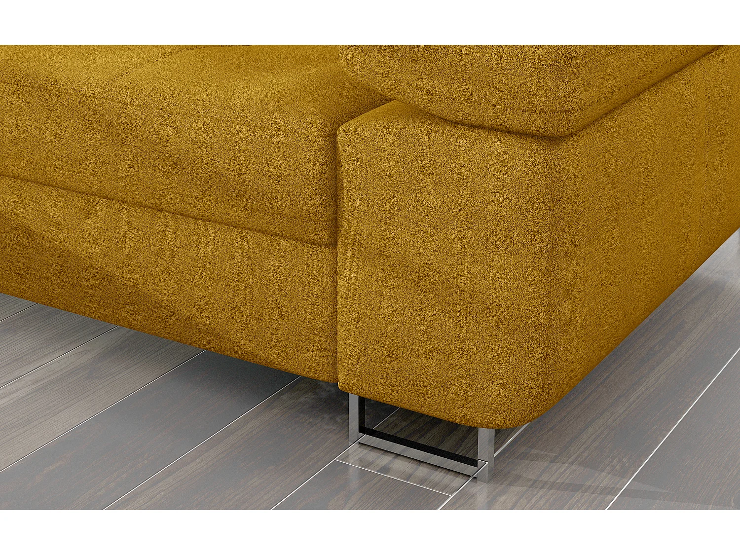 Canapé d'angle convertible tissu appuis-tête réglables KALIZO - Coffre et pieds acier chromé-Jaune chamoix-angle gauche