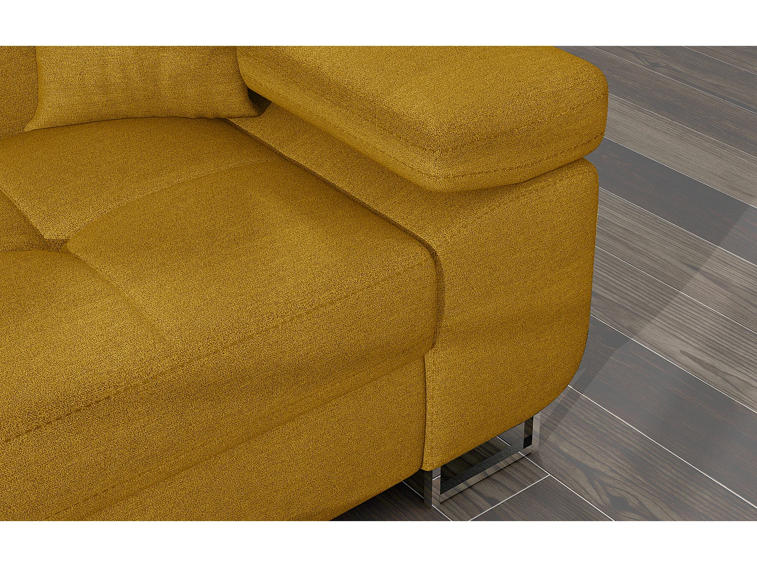 Canapé d'angle convertible tissu appuis-tête réglables KALIZO - Coffre et pieds acier chromé-Jaune chamoix-angle gauche