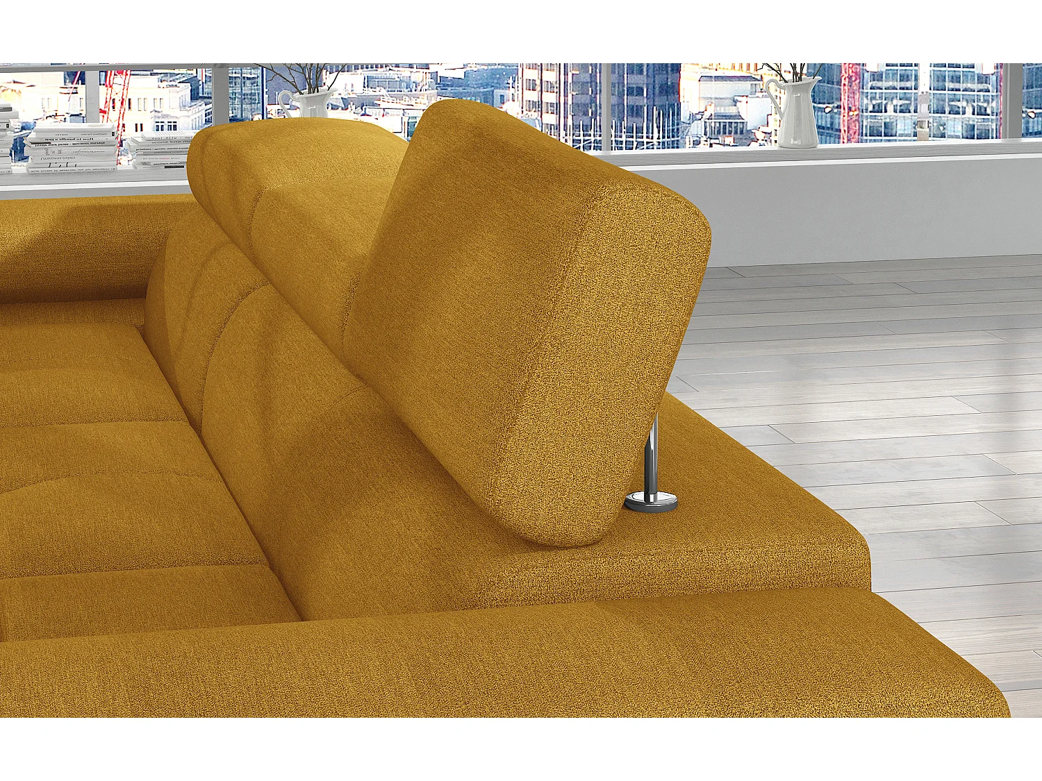 Canapé d'angle convertible tissu appuis-tête réglables KALIZO - Coffre et pieds acier chromé-Jaune chamoix-angle gauche