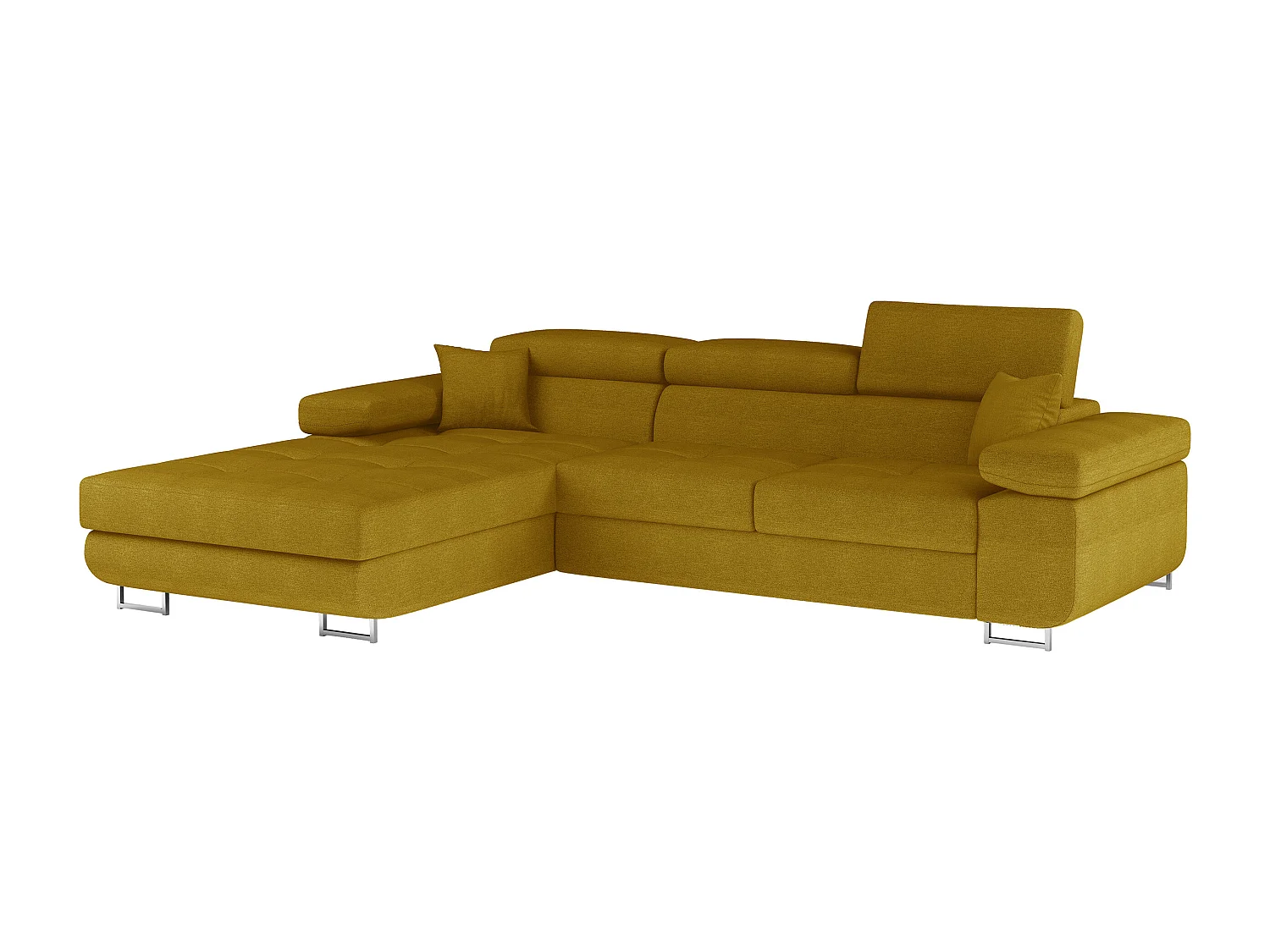 Canapé d'angle convertible tissu appuis-tête réglables KALIZO - Coffre et pieds acier chromé-Jaune chamoix-angle gauche
