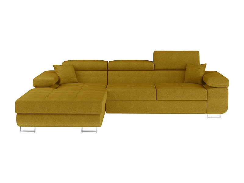 Canapé d'angle convertible tissu appuis-tête réglables KALIZO - Coffre et pieds acier chromé-Jaune chamoix-angle gauche