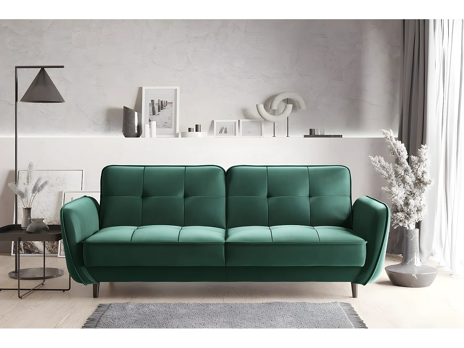 Canapé convertible 3 places tissu doux vert foncé capitonné et pieds bois noir Bizza 220cm