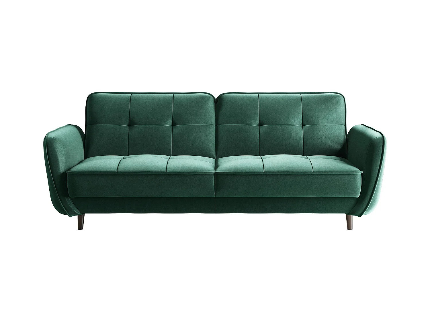 Canapé convertible 3 places tissu doux vert foncé capitonné et pieds bois noir Bizza 220cm