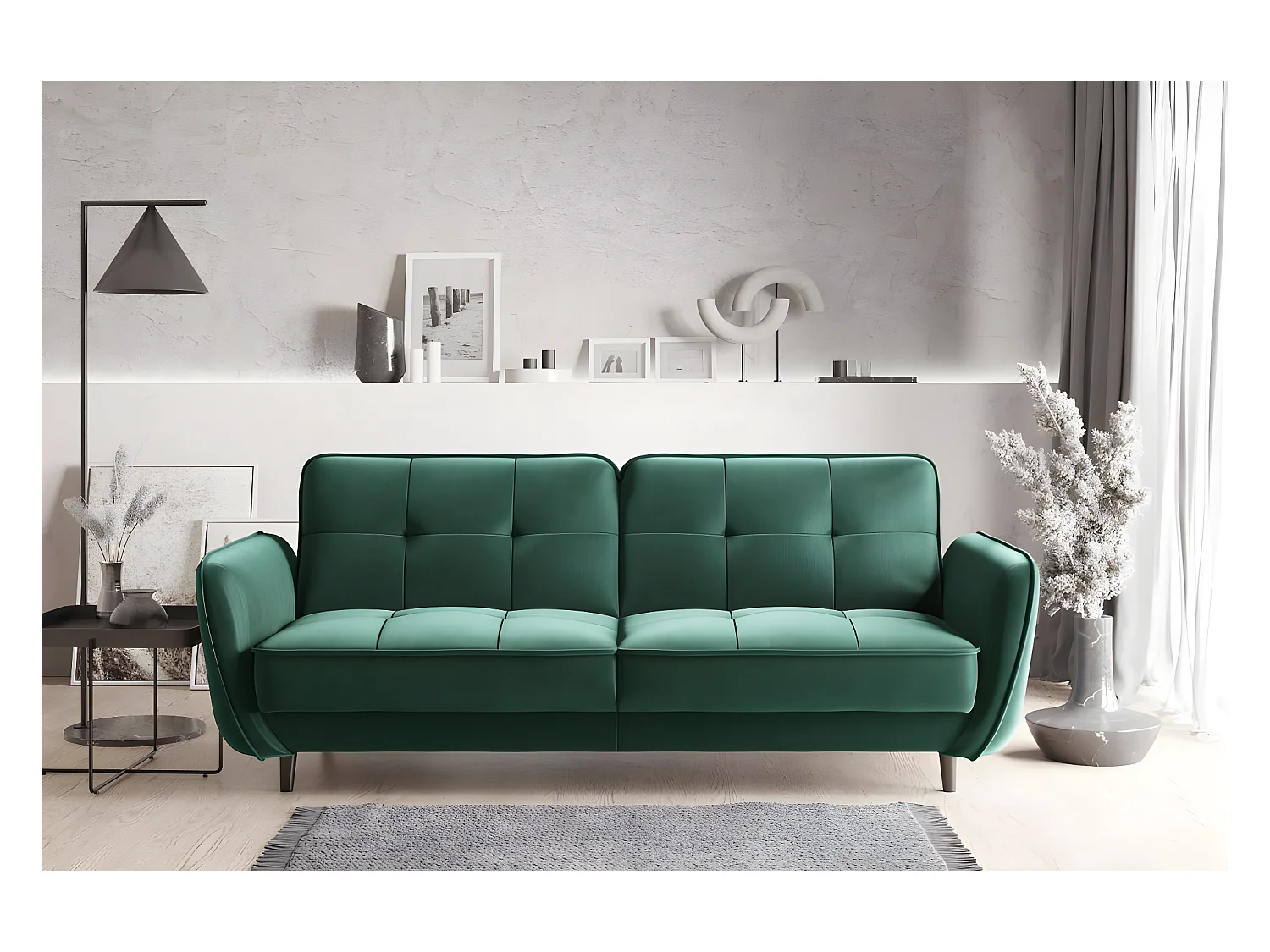 Canapé convertible 3 places tissu doux vert foncé capitonné et pieds bois noir Bizza 220cm