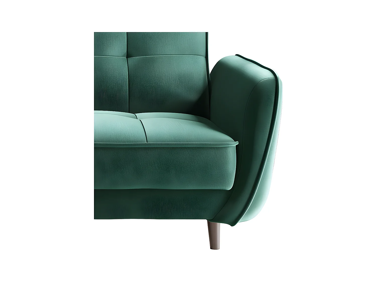 Canapé convertible 3 places tissu doux vert foncé capitonné et pieds bois noir Bizza 220cm