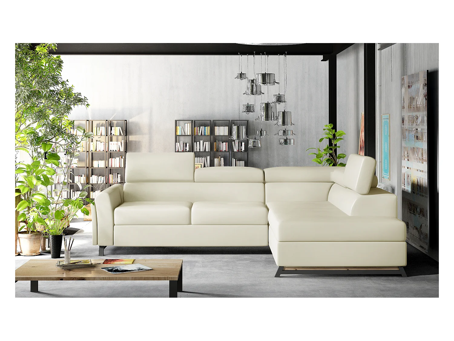 Canapé angle droit convertible simili cuir crèmz avec têtières réglables Nikos 265cm