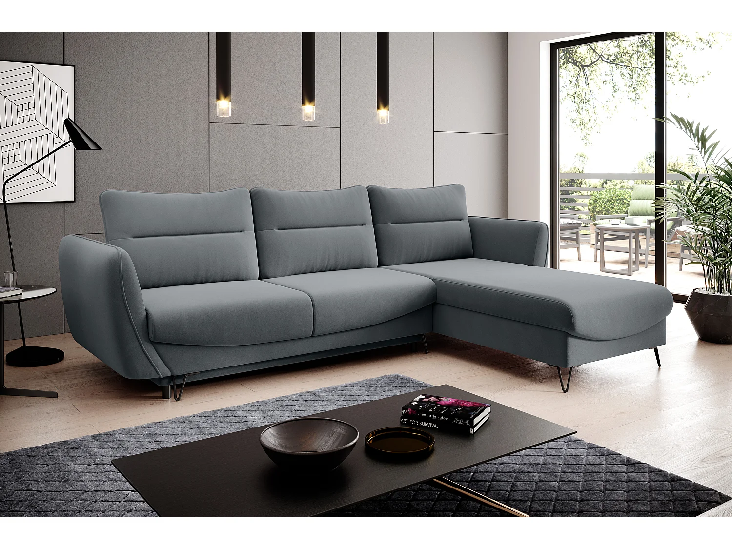 Canapé d'angle droit convertible velours gris Zurik 276cm