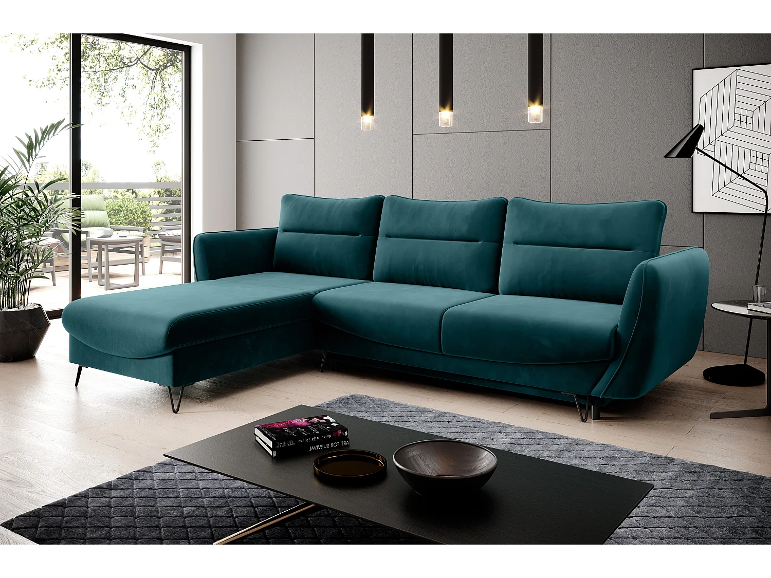 Canapé d'angle gauche convertible tissu vert épinard Zurik 276cm