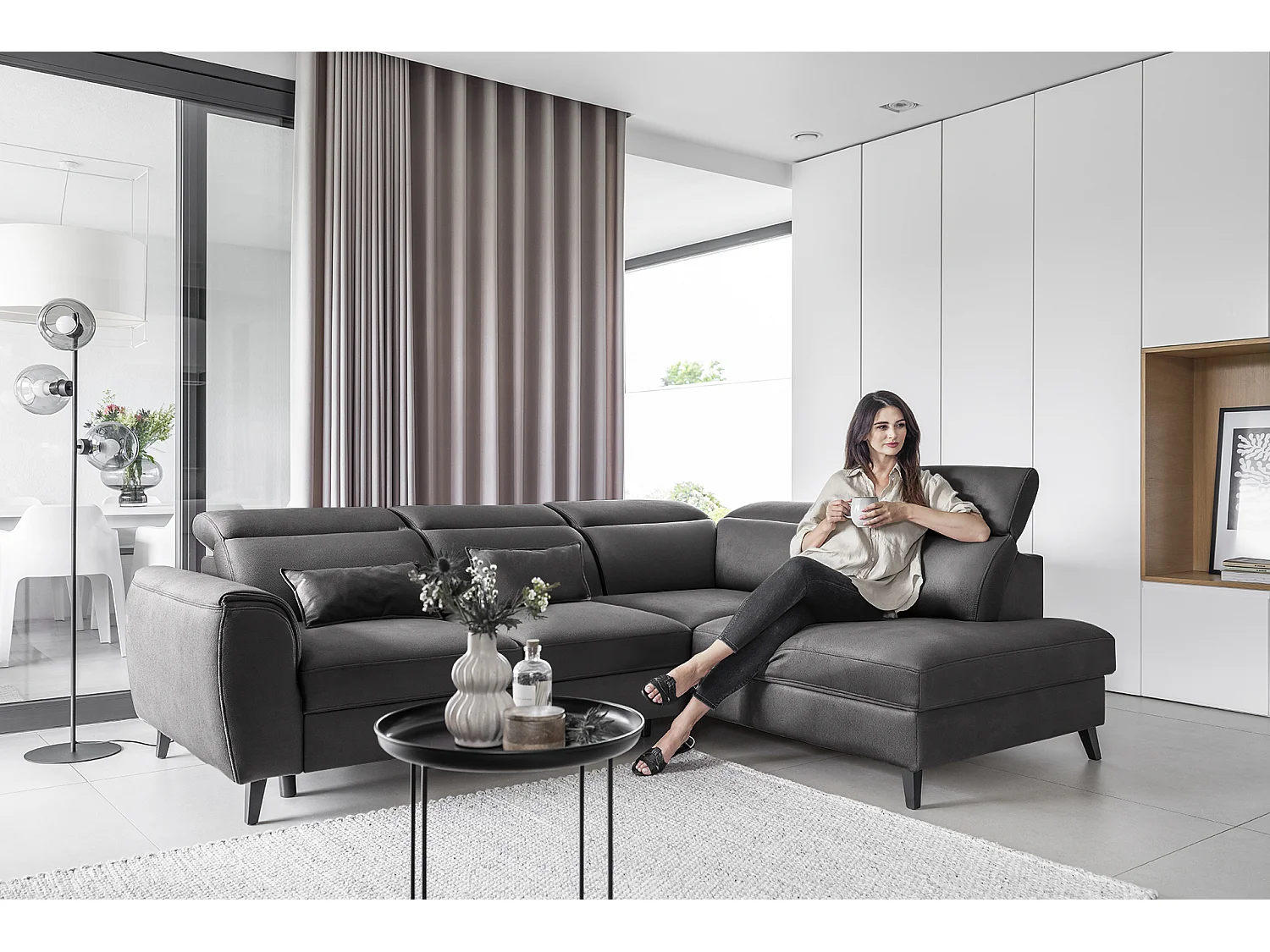 Canapé d'angle droit convertible tissu gris anthracite Noblesse 255cm