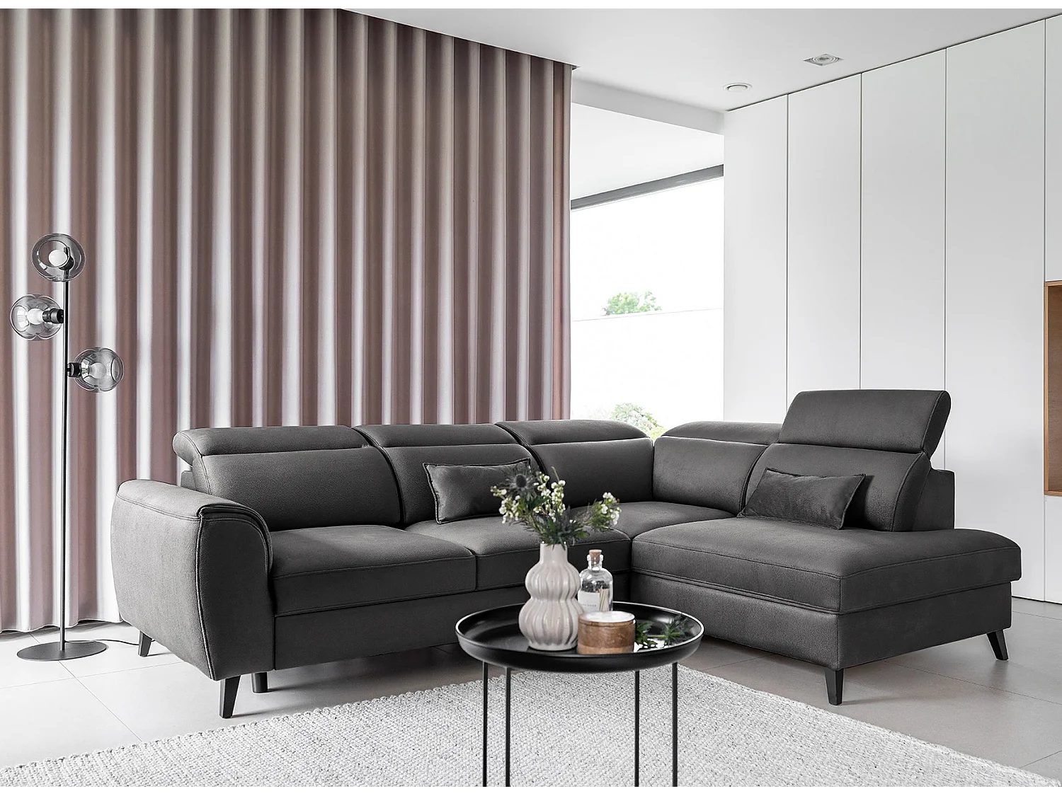 Sofá esquinero convertible de tela NOBLESSE con almacenaje - Patas de madera negras-Gris antracita-Ángulos rectos