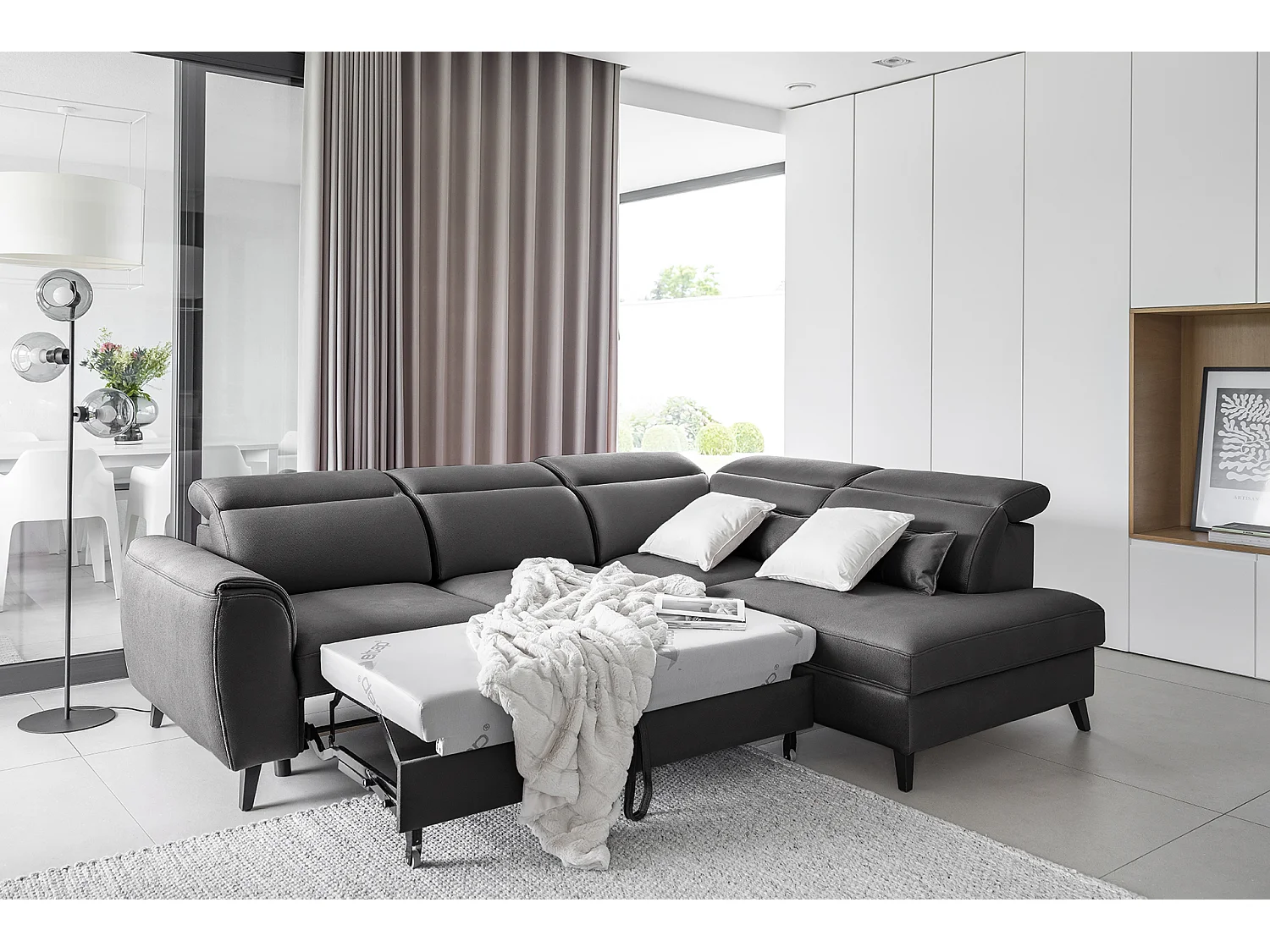Sofá esquinero convertible de tela NOBLESSE con almacenaje - Patas de madera negras-Gris antracita-Ángulos rectos