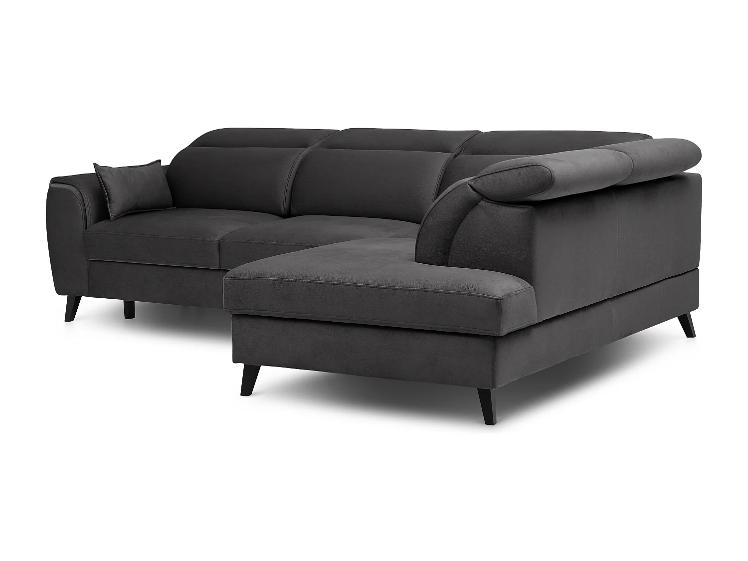 Sofá esquinero convertible de tela NOBLESSE con almacenaje - Patas de madera negras-Gris antracita-Ángulos rectos
