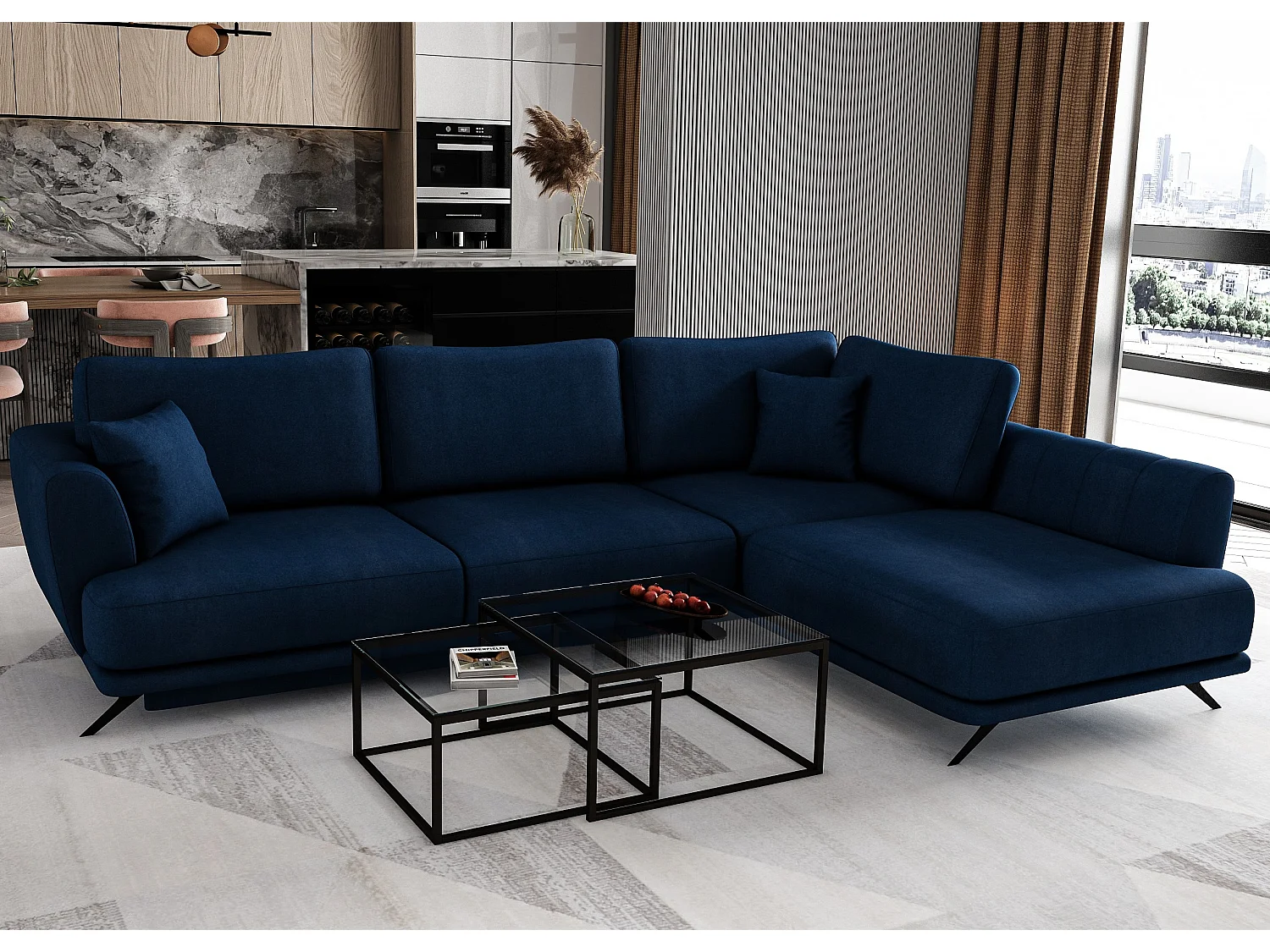 Canapé convertible angle droit velours bleu marine Savary 280cm