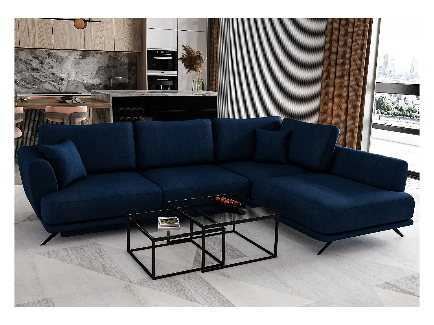 Canapé convertible angle droit velours bleu marine Savary 280cm