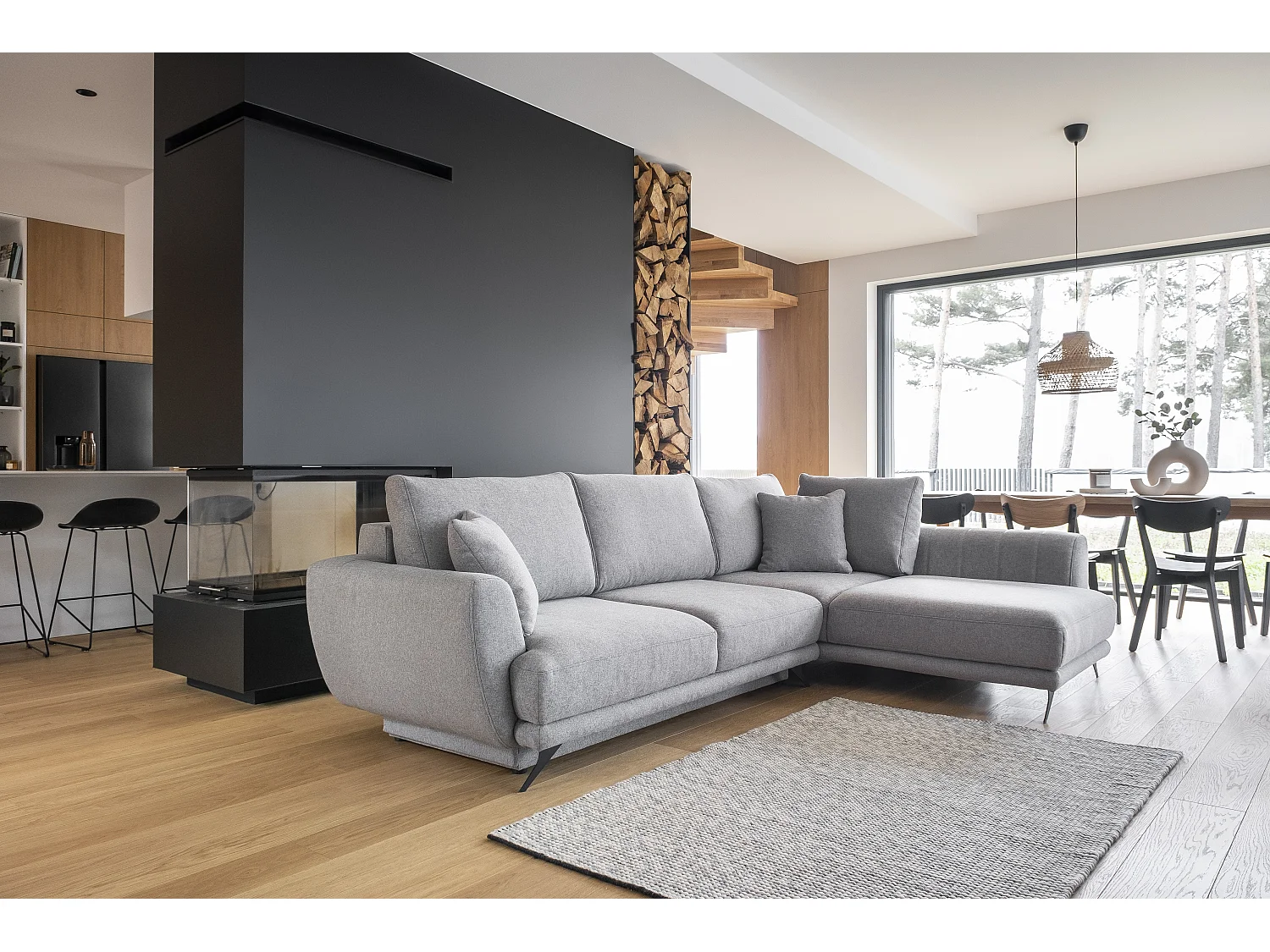 Canapé d'angle droit convertible 5 places en velours bleu SAVARY