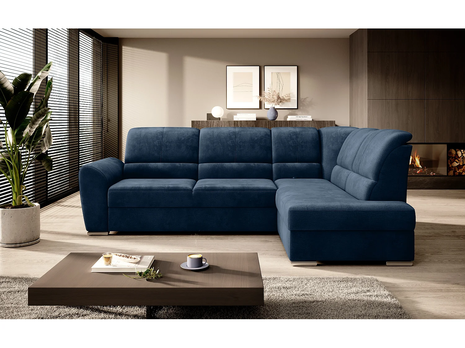 Canapé angle droit convertible tissu doux bleu nuit et pieds acier chromé Zabor 270cm