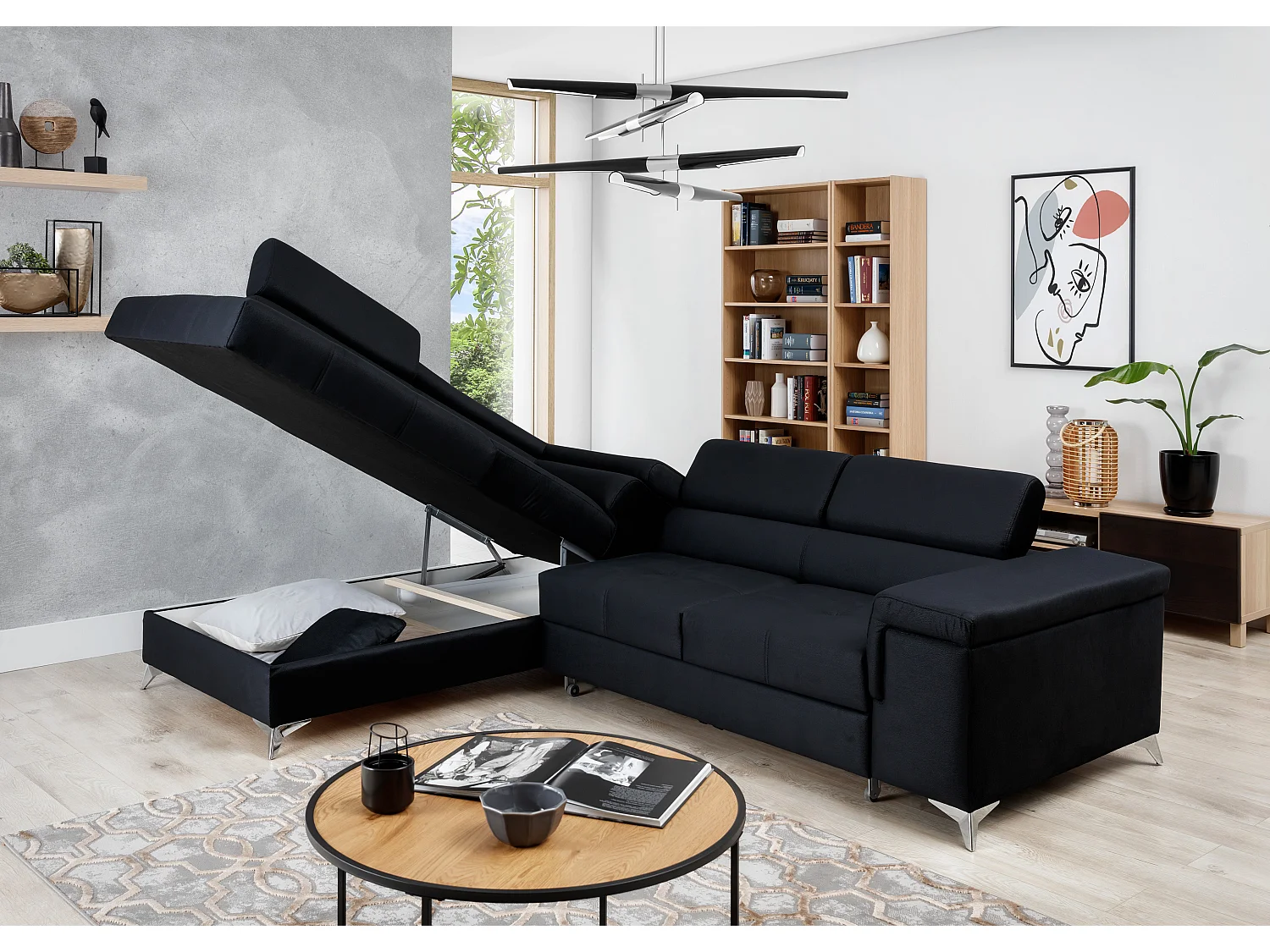 Canapé d'angle gauche convertible velours bleu foncé Marido 275cm