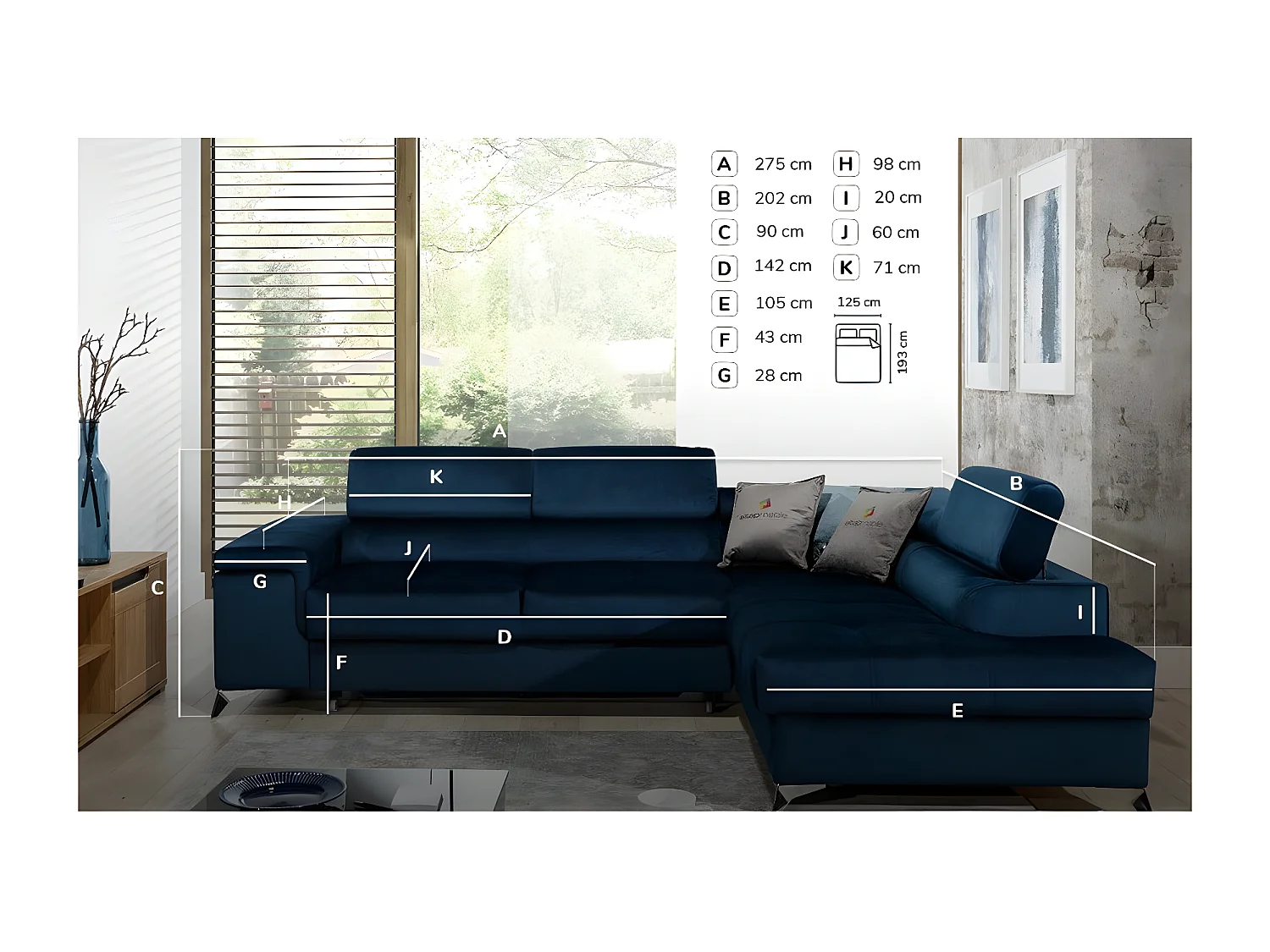 Canapé d'angle gauche convertible velours bleu foncé Marido 275cm