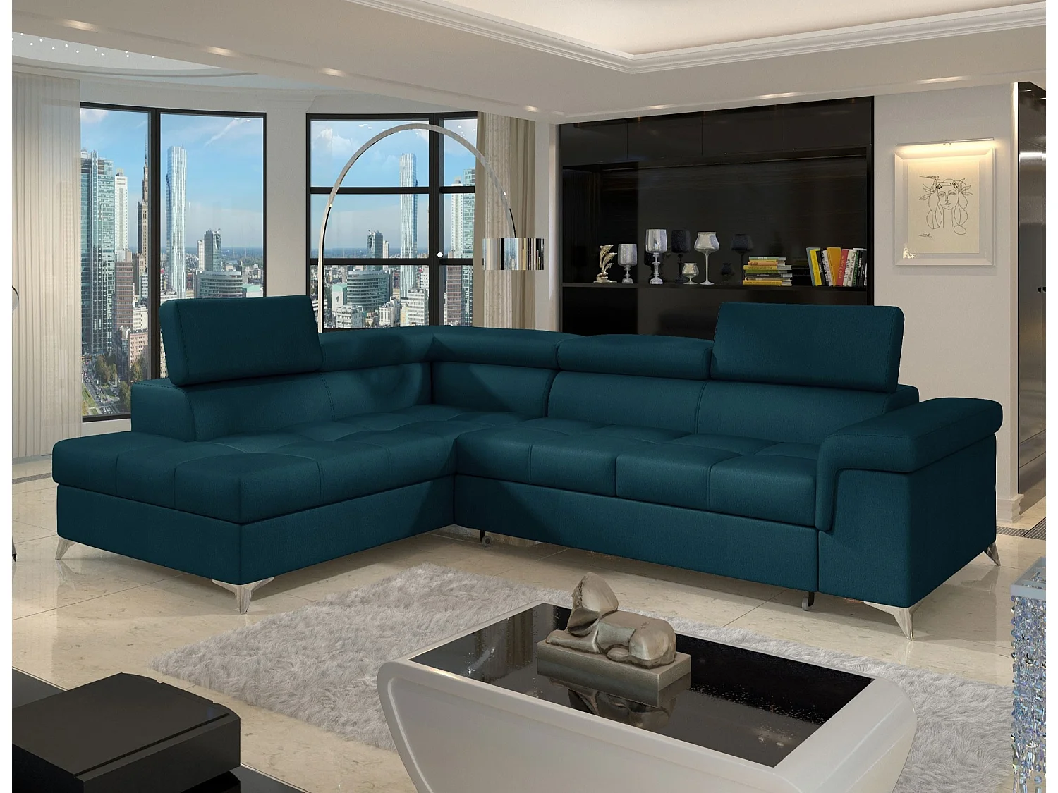 Canapé d'angle convertible velours MARIDO - Coffre et appuis-tête réglables-Bleu foncé-angle gauche